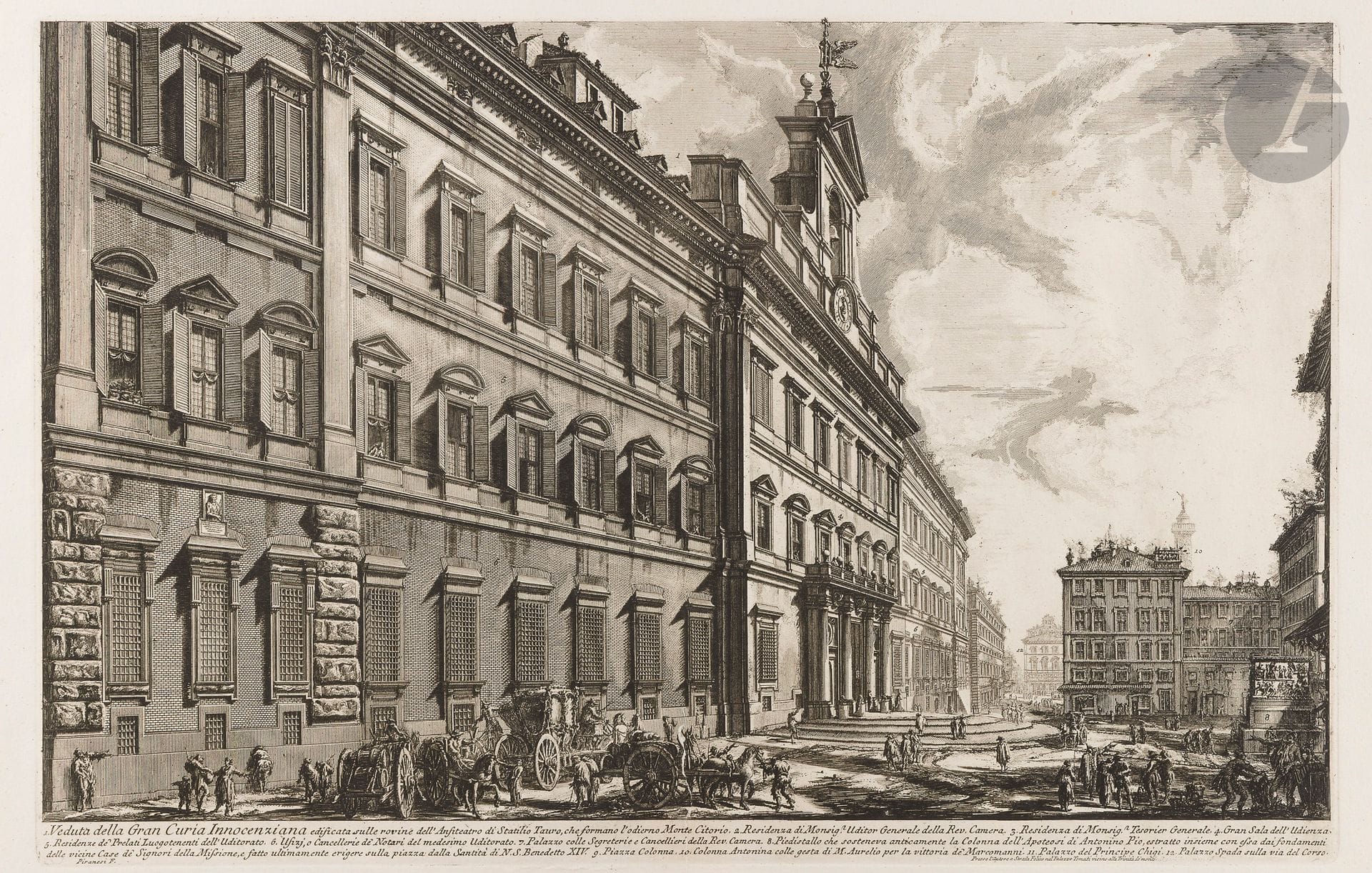 Giambattista Piranesi (1720-1778)
Veduta della gran Curia Innocenziana… (Vue du palais de Monte Citorio). 1752. Eau-forte et burin. 625 x 407 [765 x 540]. Hind 23 (ii/iv). Très belle épreuve sur vergé fort, le prix effacé, avant le numéro 39 en haut à droite. Numéro de folio 40 à la plume et à l’encre sépia dans l’angle supérieur droit. Pli vertical médian, fracturé sur 15 cm en pied et anciennement renforcé au verso.. Bord gauche irrégulier, déchiqueté, avec petits trous d’onglets de reliure et avec manques. Grandes marges. 1er tirage parisien.