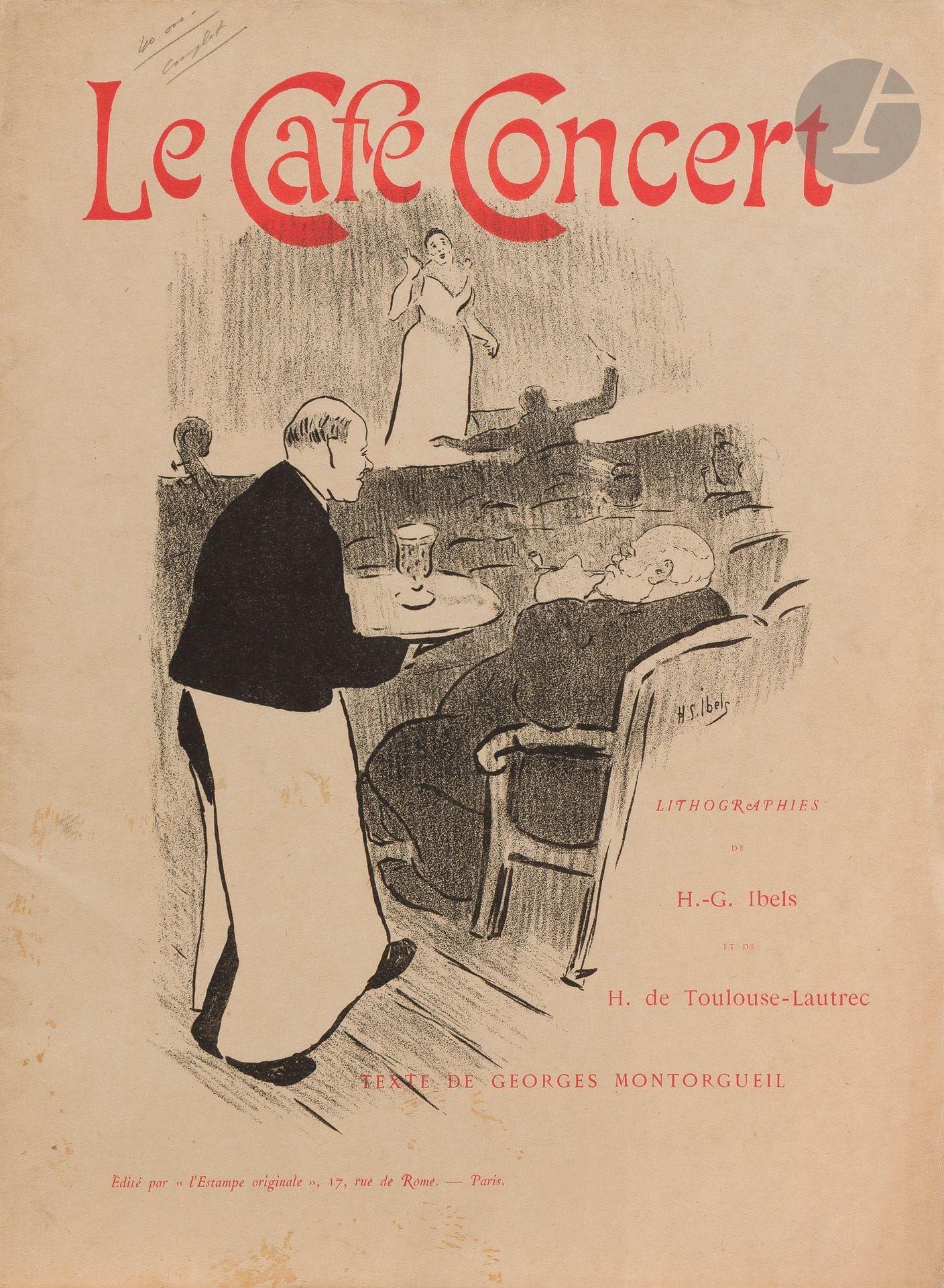 Henri de Toulouse-Lautrec (1864-1901) et Henri-Gabriel Ibels (1867-1936)
Le Café Concert. 1893. Lithographie. Format de l’album : 330 x 440. Delteil 28 à 38 ; Wittrock 18 à 28. Suite complète des 22 planches : 11 pl. par Toulouse-Lautrec et 11 par Ibels, dont une sur le premier plat de la couverture de japon rempliée. Texte de G. Montorgueil, non coupé. Exemplaire sur vélin, très frais. Petites rousseurs et taches claires à la couverture, inscription au crayon dans la marge supérieure. Courts fins plis cassés dans certains angles inférieurs de feuillets (notamment dans l’angle inférieur gauche de Ducarre aux Ambassadeurs, W. 26). Minuscules accidents aux bords des feuillets. Toutes marges. Éd. de L’Estampe originale. Tirage à 500 exemplaires (outre 50 sur japon).