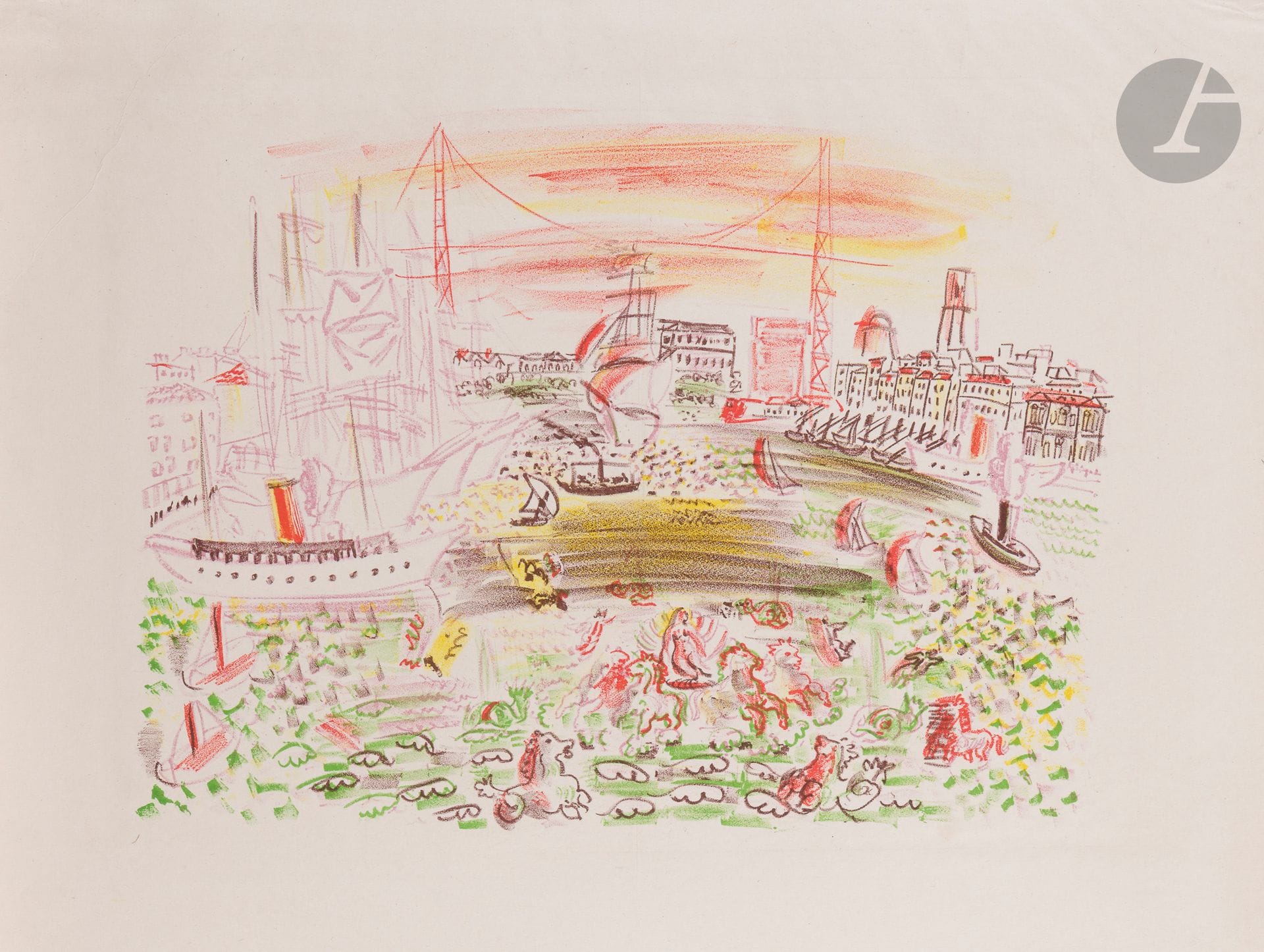 Raoul Dufy (1877-1953)
Le Port de Sainte-Adresse. (Pl. pour l’album La Mer). 1925. Lithographie. 440 x 330. Impression en couleurs. Très belle épreuve d’essai sur chine volant. Long fin pli de tirage oblique dans l’angle supérieur gauche. Toutes marges.
