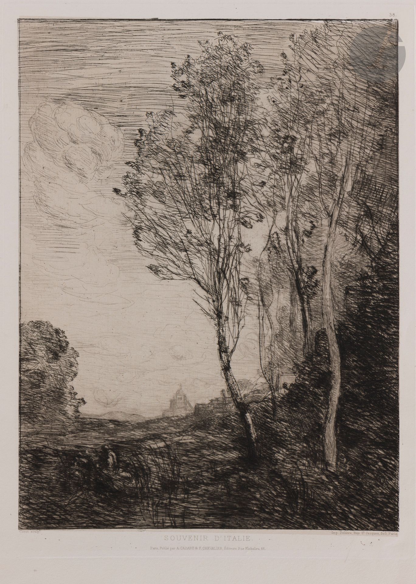 Jean-Baptiste Camille Corot (1796-1875)
Souvenir d’Italie. 1863 (et non 1866 comme annoncé par Delteil). Eau-forte. 238 x 321. Delteil 5. Très belle épreuve sur chine appliqué, du tirage de luxe pour la Société des Aquafortistes. Plusieurs larges rousseurs marginales. Toutes marges.