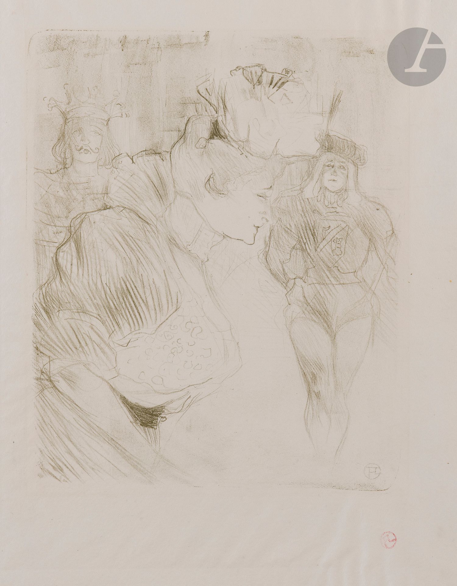 Henri de Toulouse-Lautrec (1864-1901)
Lender saluant. 1895. Lithographie. 255 x 315. Delteil 107 ; Wittrock 106. Impression en vert olive. Très belle et fraîche épreuve sur vélin mince blanc, revêtue du timbre rouge du monogramme. Ondulations aux bords du feuillet. Toutes marges. Tirage à 50 épreuves. Timbre sec : Ed. Kleinmann (Lugt 1573) avec numéro de sa main (« N° 2 ») au crayon.