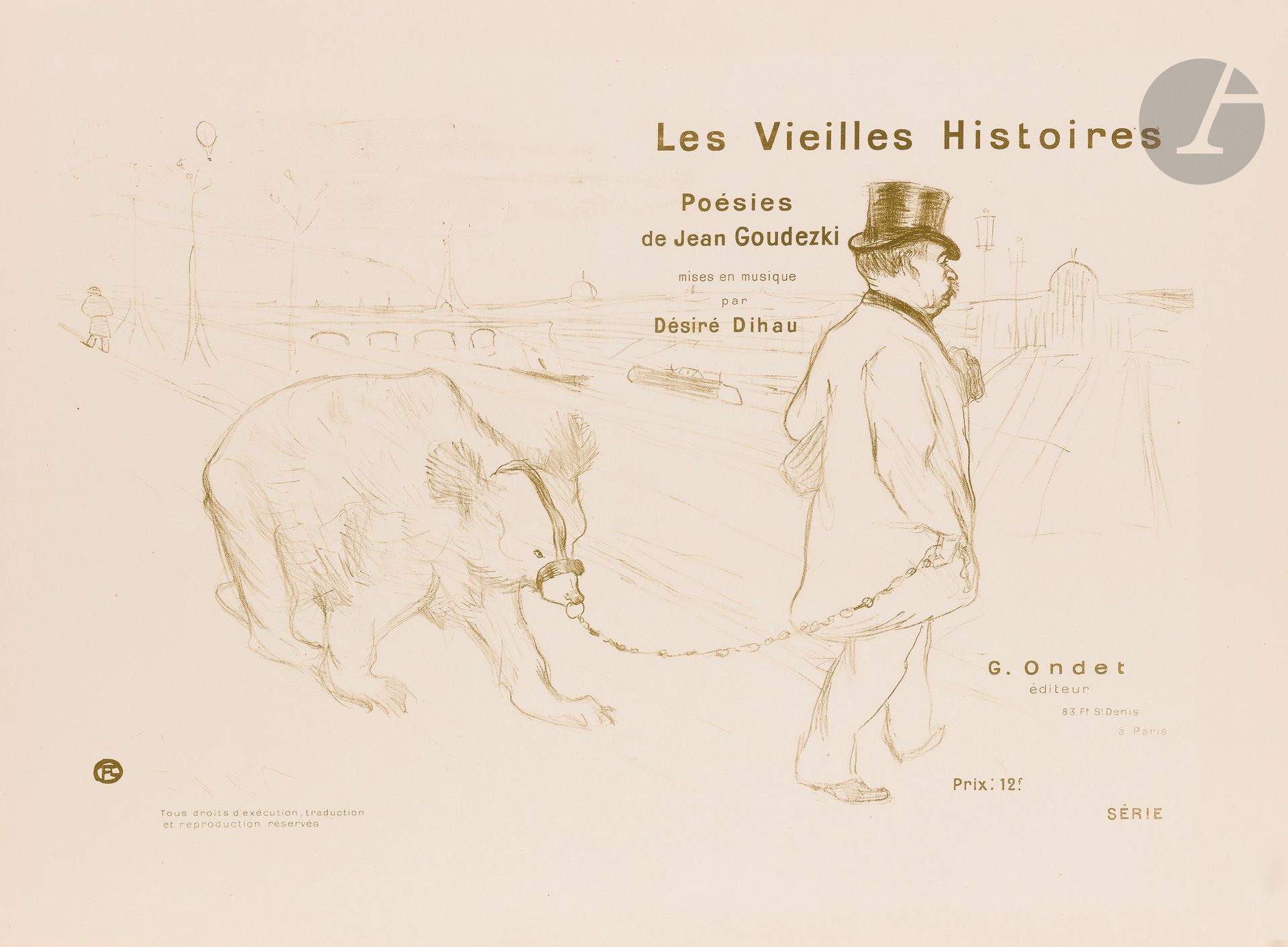 Henri de Toulouse-Lautrec (1864-1901)
Les Vieilles Histoires, couverture-frontispice. 1893. Lithographie. [620 x 462]. Delteil 18 ; Wittrock 5. Impression en vert olive. Très belle et fraîche épreuve sur vélin ivoire, du 1er tirage, avec le texte lithographié. Bandes claires d’oxydation uniquement visibles aux bords du feuillet au verso. Toutes marges.