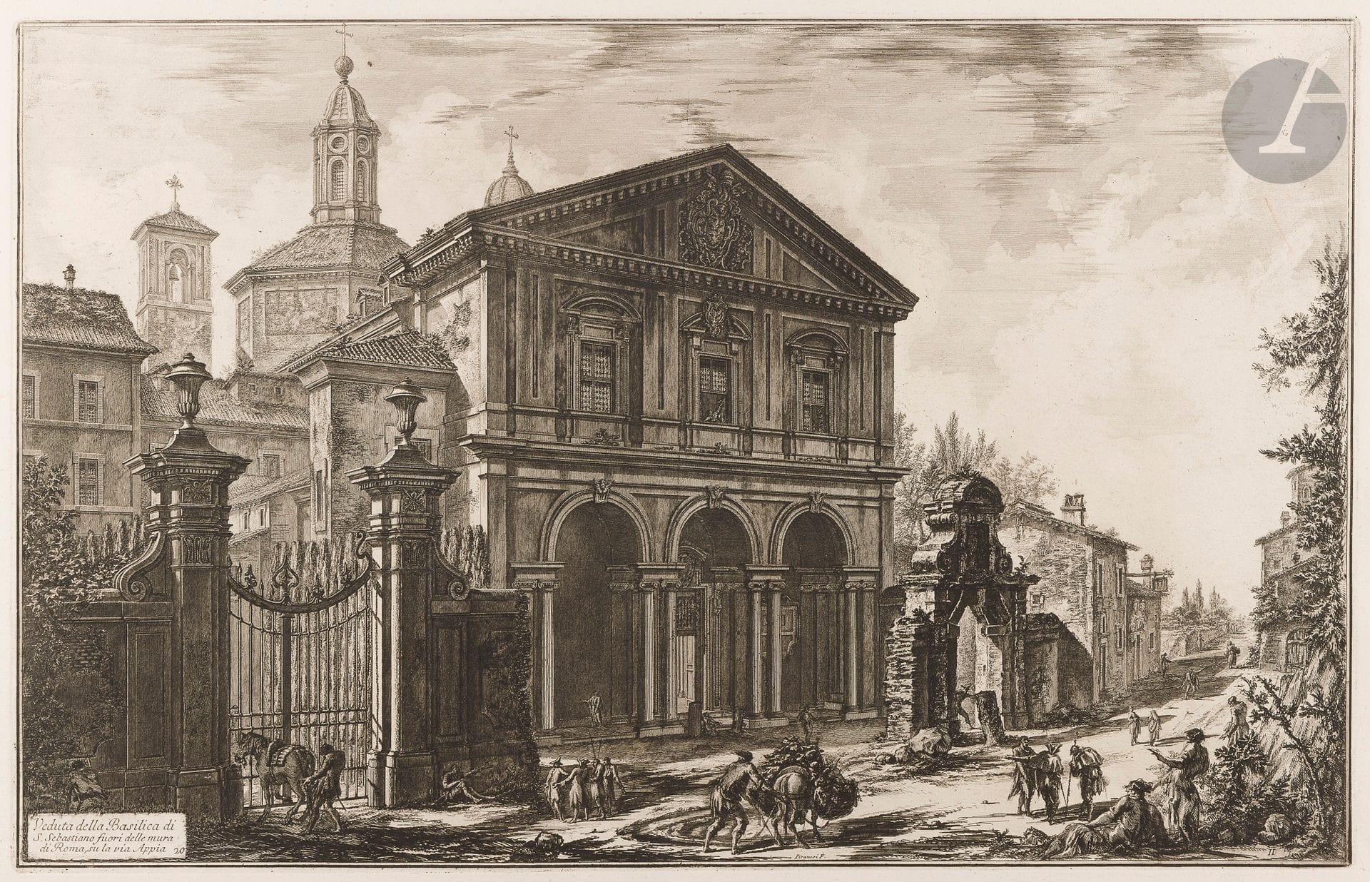 Giambattista Piranesi (1720-1778)
Veduta della Basilica di S. Sebastiano fuori delle mura… (La Basilique Saint-Sébastien). 1750. Eau-forte et burin. 655 x 417 [765 x 540]. Hind 13 (iii/iv). Très belle épreuve sur vergé fort, avant le numéro 20 en haut à droite. Numéro de folio 21 à la plume et à l’encre sépia dans l’angle supérieur droit. Pli vertical médian. Court et léger trait de sanguine dans le ciel à droite. Bord gauche irrégulier, déchiqueté, avec petits trous d’onglets de reliure et avec manques. Grandes marges. 1er tirage parisien.