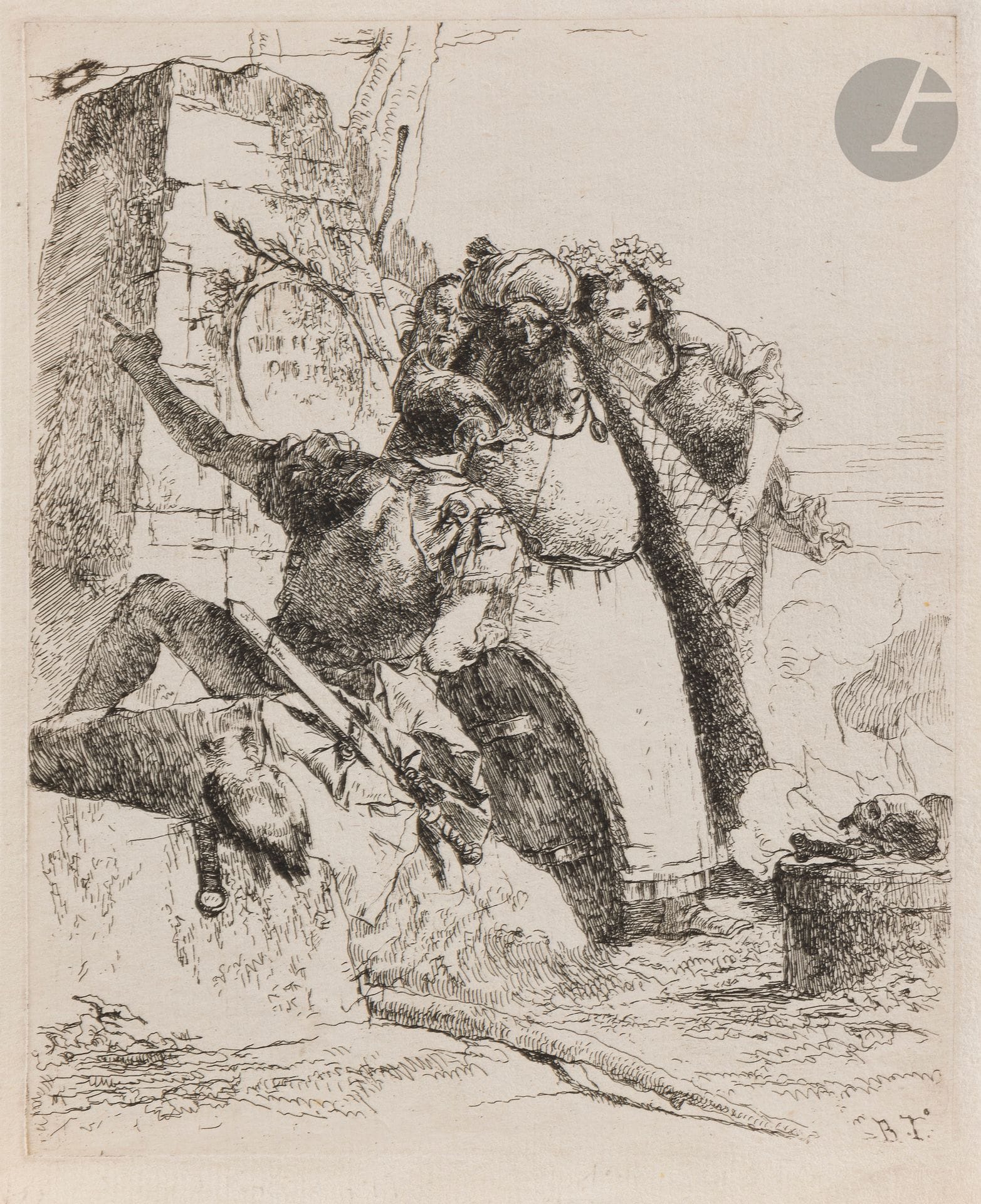 Giovanni Battista Tiepolo (1696-1770) 
Un magicien, un soldat et trois personnages regardant un crâne se consumer. (Scherzi, pl. 7). Eau-forte. 177 x 220. De Vesme 19 ; Rizzi (1971) 10 (i/ii). Très belle épreuve sur vergé crème fort, avant le numéro 7 en haut à droite. Petites traces de colle et d’oxydation aux bords du feuillet au verso. Marges étroites (3-5 mm).