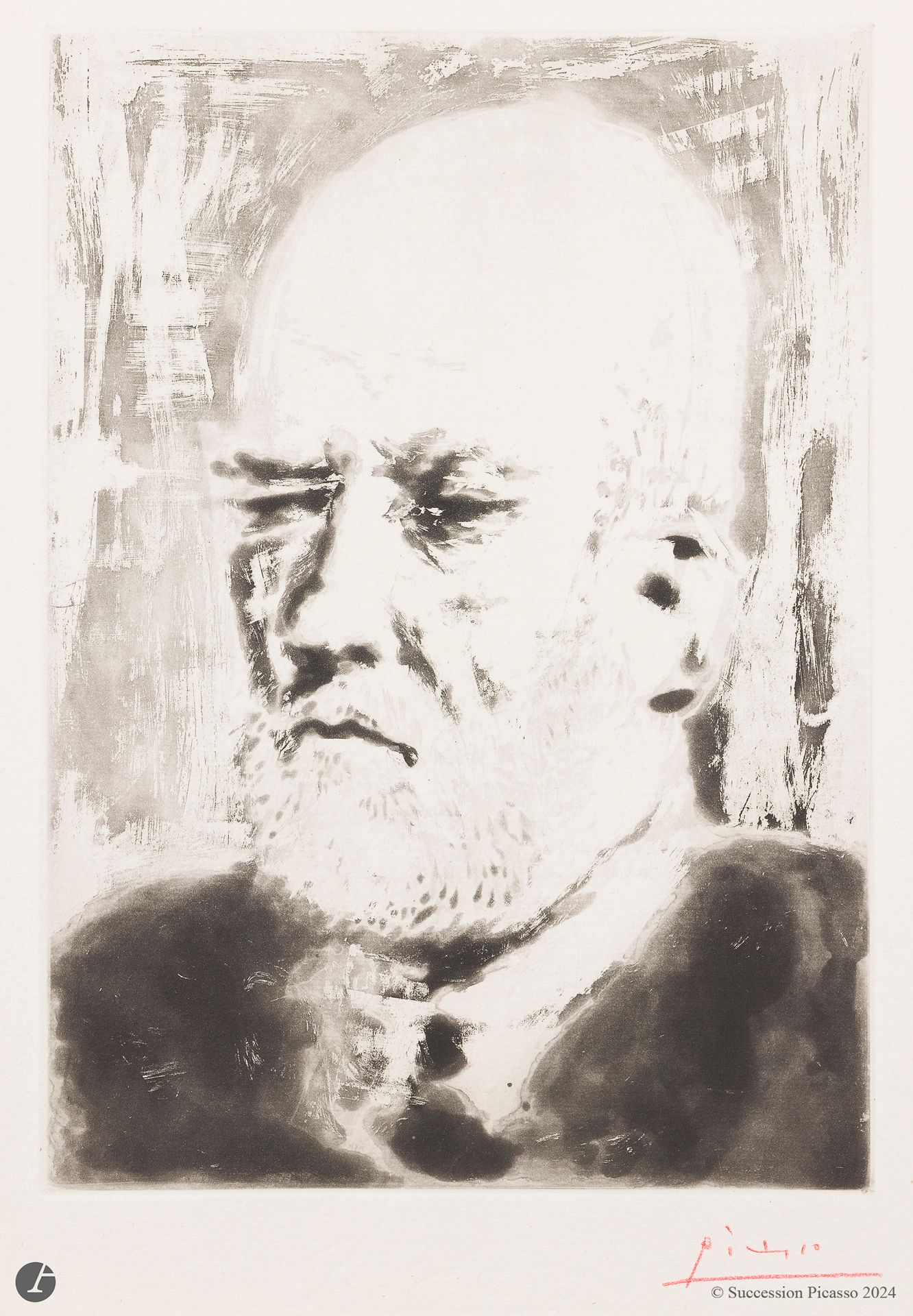 Pablo Picasso (1881-1973)
Portrait de Vollard II. (Suite Vollard, pl. 98). 4 mars 1937. Aquatinte. 245 x 345. Bloch 231 ; Baer 618 B d. Très belle et fraîche épreuve sur vergé de Montval filigrané « Picasso », l’une des 250 du tirage à petites marges, signée au crayon rouge. Toutes marges [345 x 447].