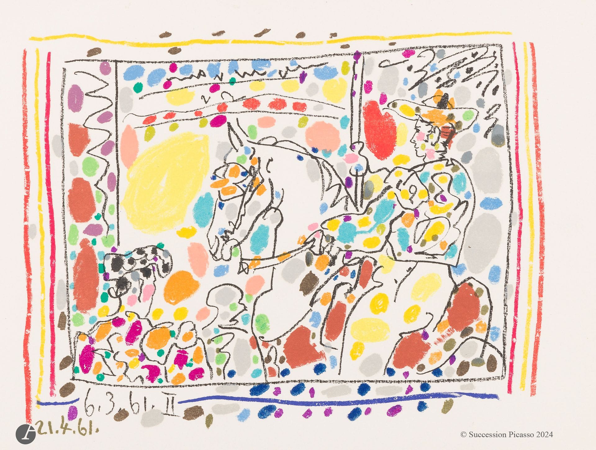 Pablo Picasso (1881-1973)
Le Picador. (Pl. pour J. Sabartés, A los toros, Monte Carlo, A. Sauret, 1961). Lithographie. [312 x 243]. Bloch 1017 ; Mourlot 350 ; Güse-Rau 714. Impression en couleurs. Parfaite épreuve sur vélin blanc. Toutes marges.