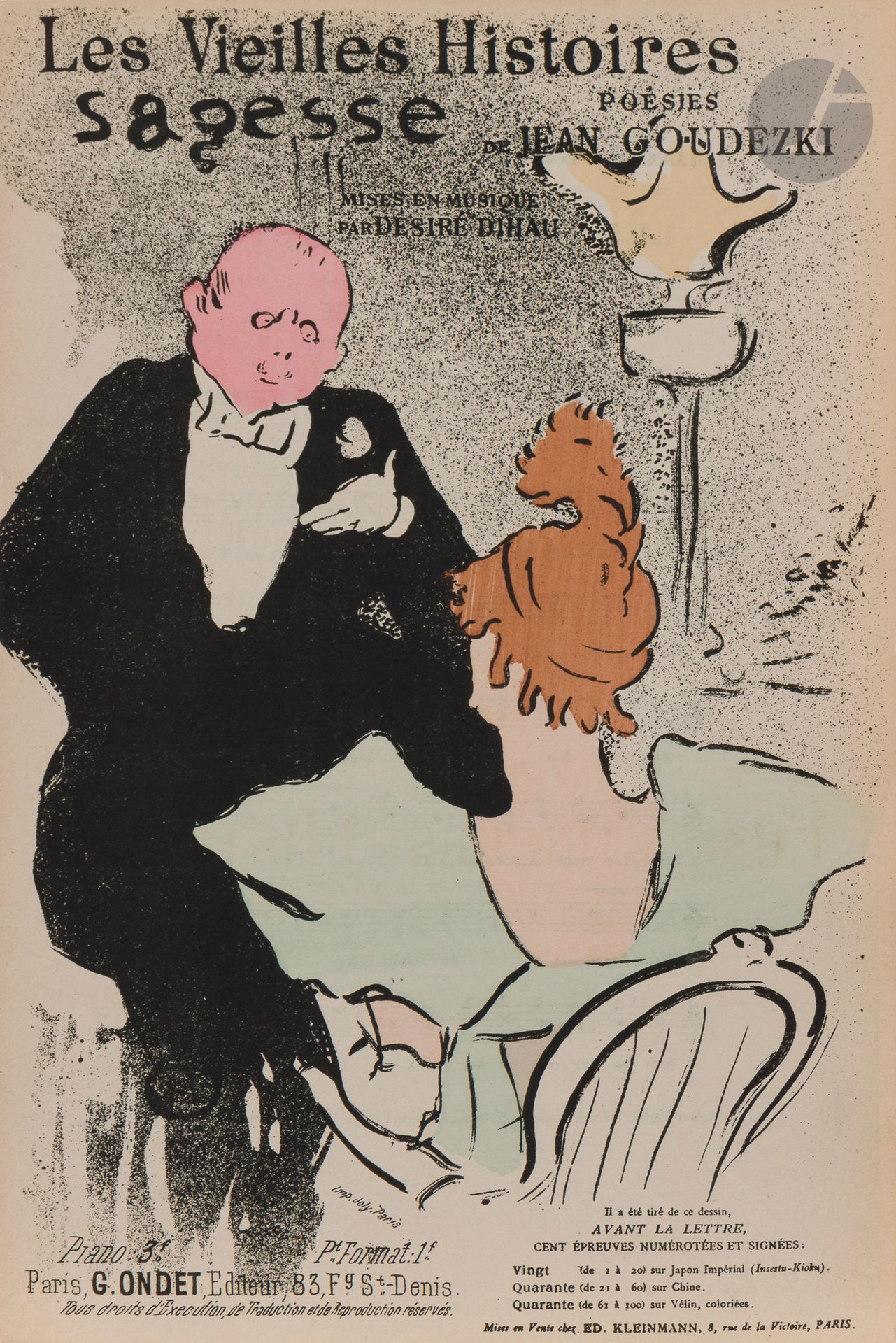 Henri de Toulouse-Lautrec (1864-1901)
Sagesse. (Pl. 8 des Vieilles Histoires). 1893. Lithographie et coloris au pochoir. Fascicule de vélin mince de 4 pages (feuillet remplié). [177 x 270]. Delteil 22 ; Wittrock 9. Illustré en couverture d’un sujet de Toulouse-Lautrec, à l’adresse de G. Ondet éditeur, bien complet de la partition. 1re édition de la partition musicale. Exemplaire très frais. Joint : Les Vieux messieurs. Monologue par Maurice Donnay. 1894. Fascicule de vélin mince de 4 pages (feuillet remplié). [175 x 270]. Delteil 75 ; Wittrock 57. Illustré en couverture d’un sujet en noir de Toulouse-Lautrec, à l’adresse de la Société d’éditions musicales (ancienne maison Paul Dupont), bien complet de la partition. Ens. 2 p.