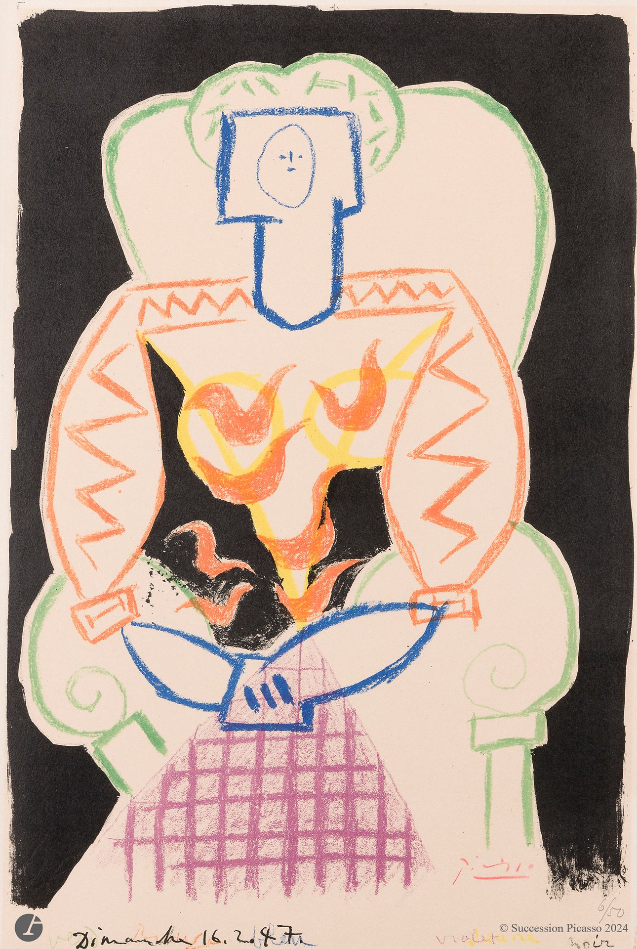 Pablo Picasso (1881-1973)
Femme au fauteuil. 1947. Lithographie. [329 x 500]. Bloch 422 ; Güse-Rau 163. Impression en couleurs. Très belle épreuve sur vélin crème fort, signée au crayon rouge et numérotée au crayon. Légère oxydation à l’ouverture du passe-partout. Toutes marges. Tirage à 50 épreuves.
