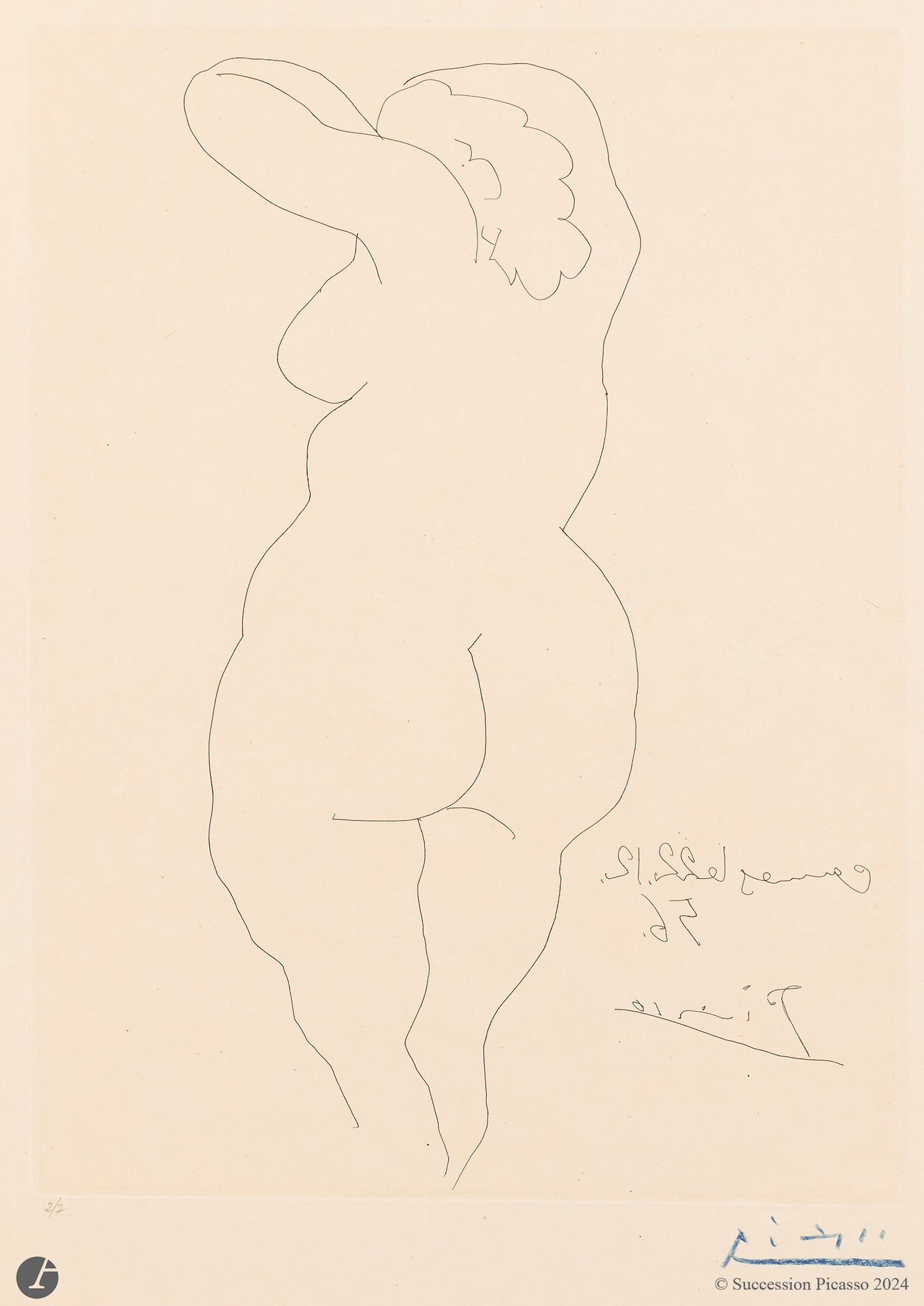 Pablo Picasso (1881-1973)
Femme nue de dos. 22 décembre 1956. (Frontispice pour J. Cocteau, Témoignage, Paris, P. Bertrand éd., 1955-1957). Eau-forte. 275 x 375. Bloch 822 ; Baer 962 C d ; Cramer 80. Très belle et fraîche épreuve de tirage à part sur vélin mince jaune paille, numérotée au crayon et signée au crayon bleu. Toutes marges. Tirage à 7 épreuves signées (outre 33 non signées, sur ce papier).