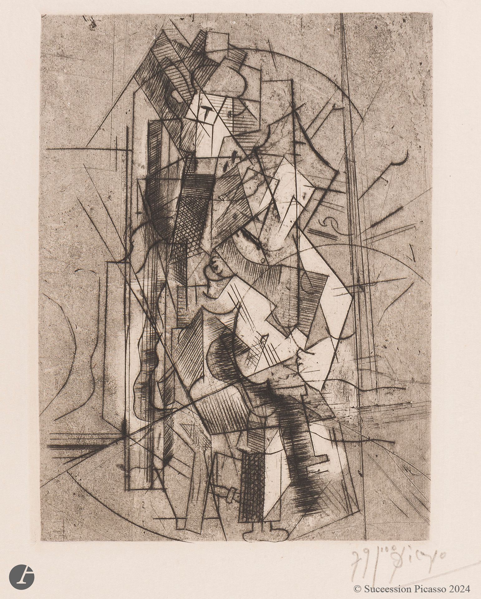 Pablo Picasso (1881-1973)
Man with a Guitar. 1915. Burin and scraper. 115 x 153. Bloch 30; Geiser-Baer 51 IX a. A very fine, fresh proof on japon fort, numbered and signed in pencil. Slight crease broken in upper left corner. Thin fold broken at right lower margin. Small circular label with number 825 printed in the lower right-hand corner on verso. Full margins. Edition of 100 proofs. M. Guiot ed.