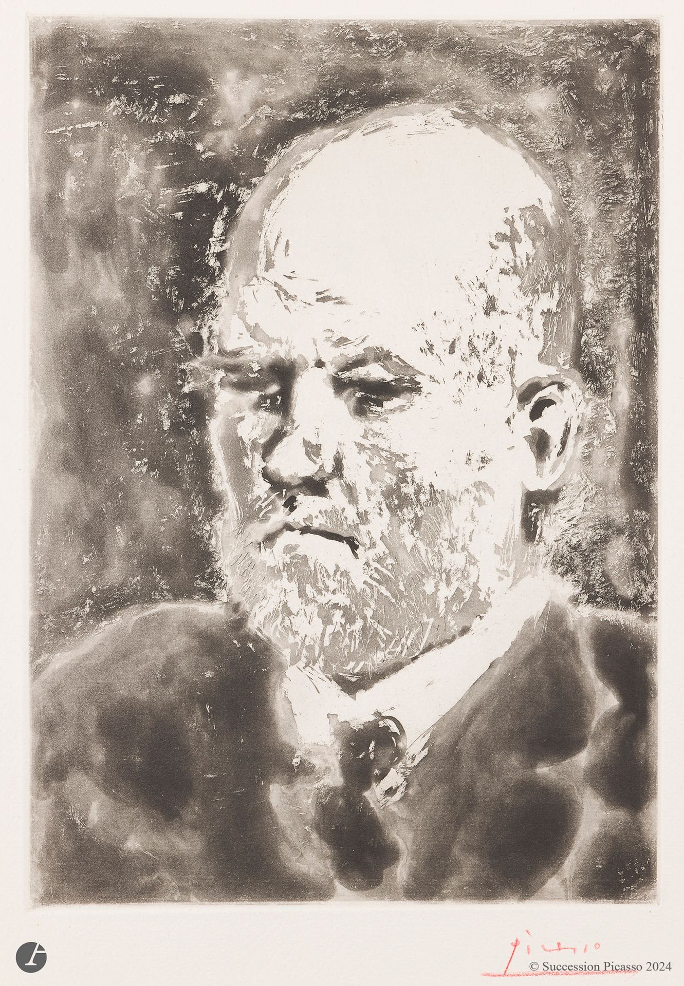 Pablo Picasso (1881-1973)
Portrait de Vollard I. (Suite Vollard, pl. 99). 1937. Aquatinte. 245 x 345. Bloch 232 ; Baer 617 B d. Très belle et fraîche épreuve sur vergé de Montval filigrané « Vollard », l’une des 250 du tirage à petites marges, signée au crayon rouge. Toutes marges [342 x 450].