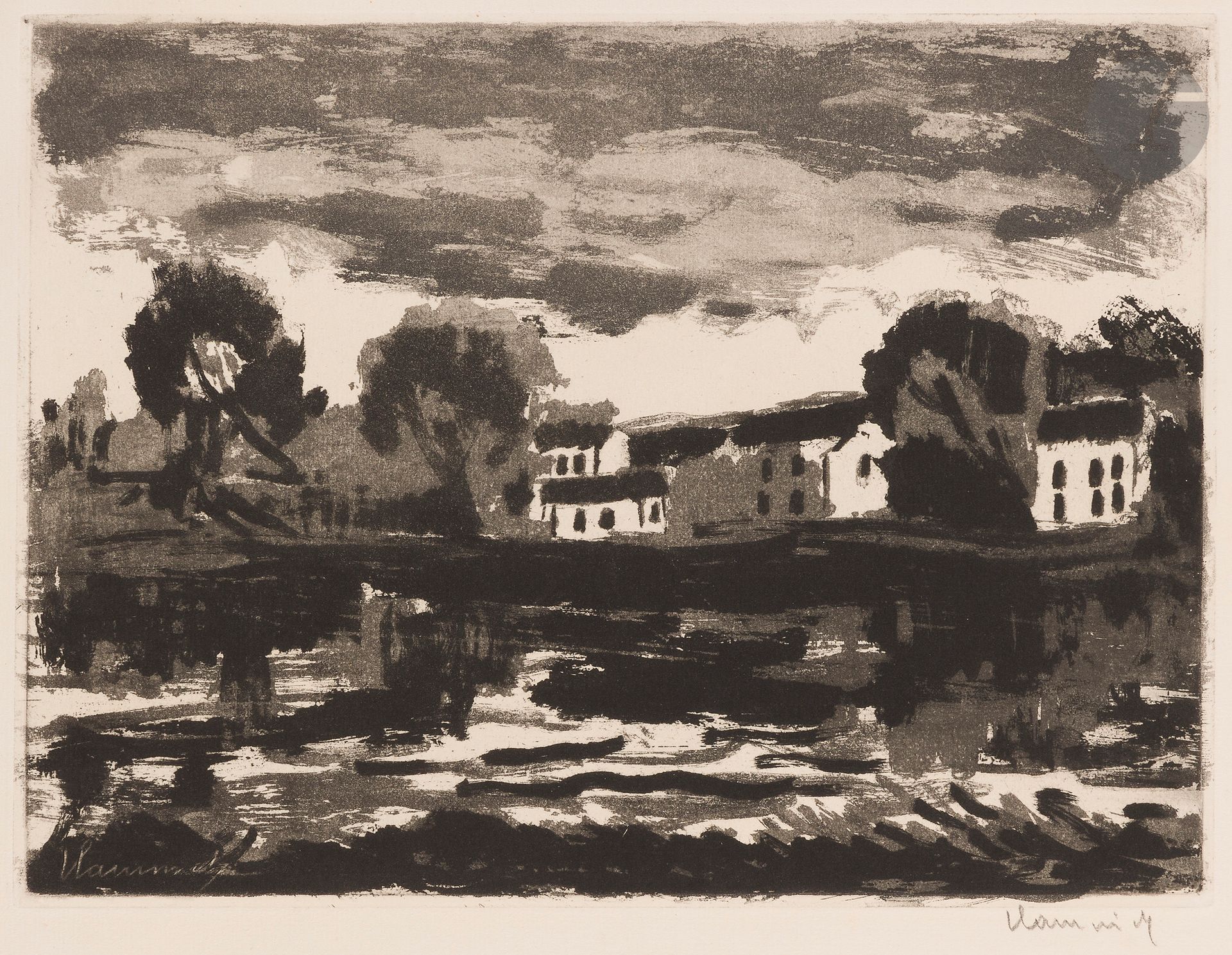 Maurice de Vlaminck (1876-1958)
L’Oise à Sergy. (Pl. Pour l’album Maîtres et Petits Maîtres, Frapier éd., Paris). 1924. Aquatinte. 320 x 240. Walterskirchen 110. Très belle et fraîche épreuve sur vergé ivoire, signée au crayon. Toutes marges. Tirage à 100 épreuves.