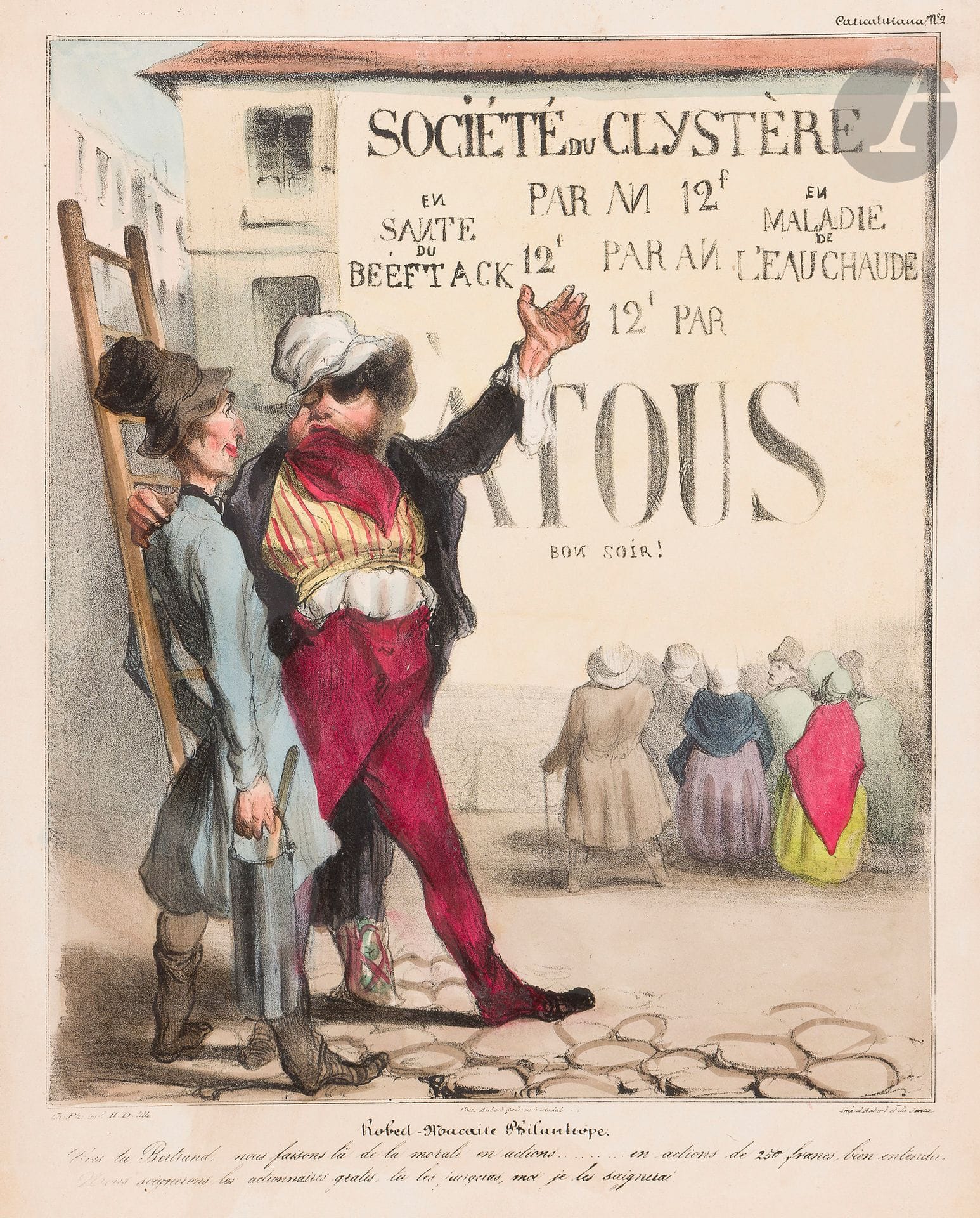 Honoré Daumier (1808-1879)
Pl. de l’album Caricaturana (Les Robert Macaire). 1838. Lithographie. Chaque environ 275 x 360. Delteil 355, 358, 359, 360, 362 (3 épr.), 363, 366, 368, 370, 378, 383, 386, 387, 388, 391, 394, 395, 397, 401, 402, 414. Réunion de 23 planches. Belles épreuves sur vélin blanc, en beau coloris gommé du temps. Empoussiérage, oxydation et menus accidents divers. Bonnes marges, certaines réduites.