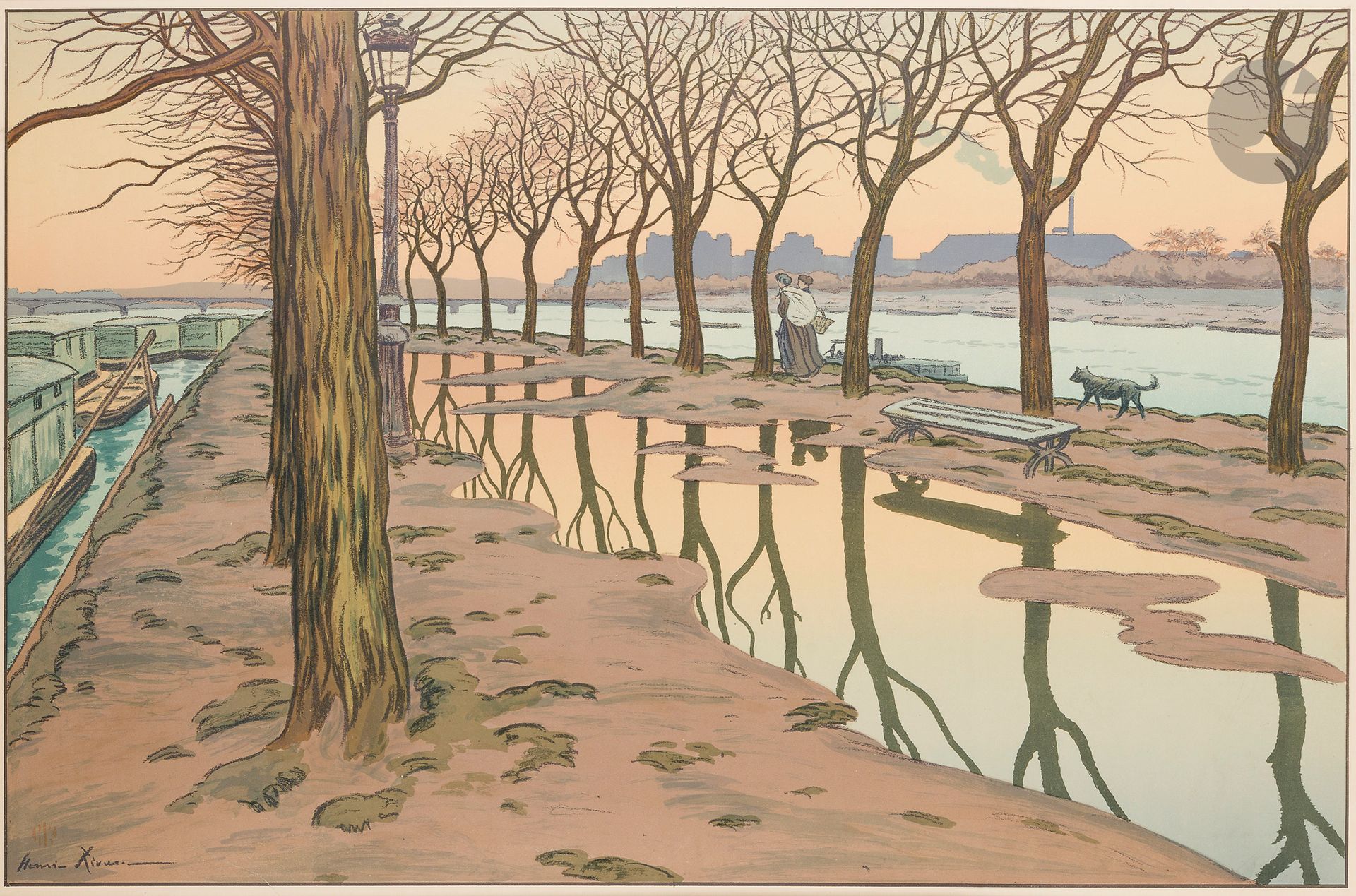 Henri Rivière (1864-1951)
L’Île des Cygnes. (Pl. des Paysages parisiens). 1900. Lithographie. 820 x 525. Levasseur-Le Bohec 18. Impression en couleurs. Très belle épreuve sur vélin glacé ivoire. Infimes traces de plis et menus accidents aux bords du feuillet. Toutes marges.
