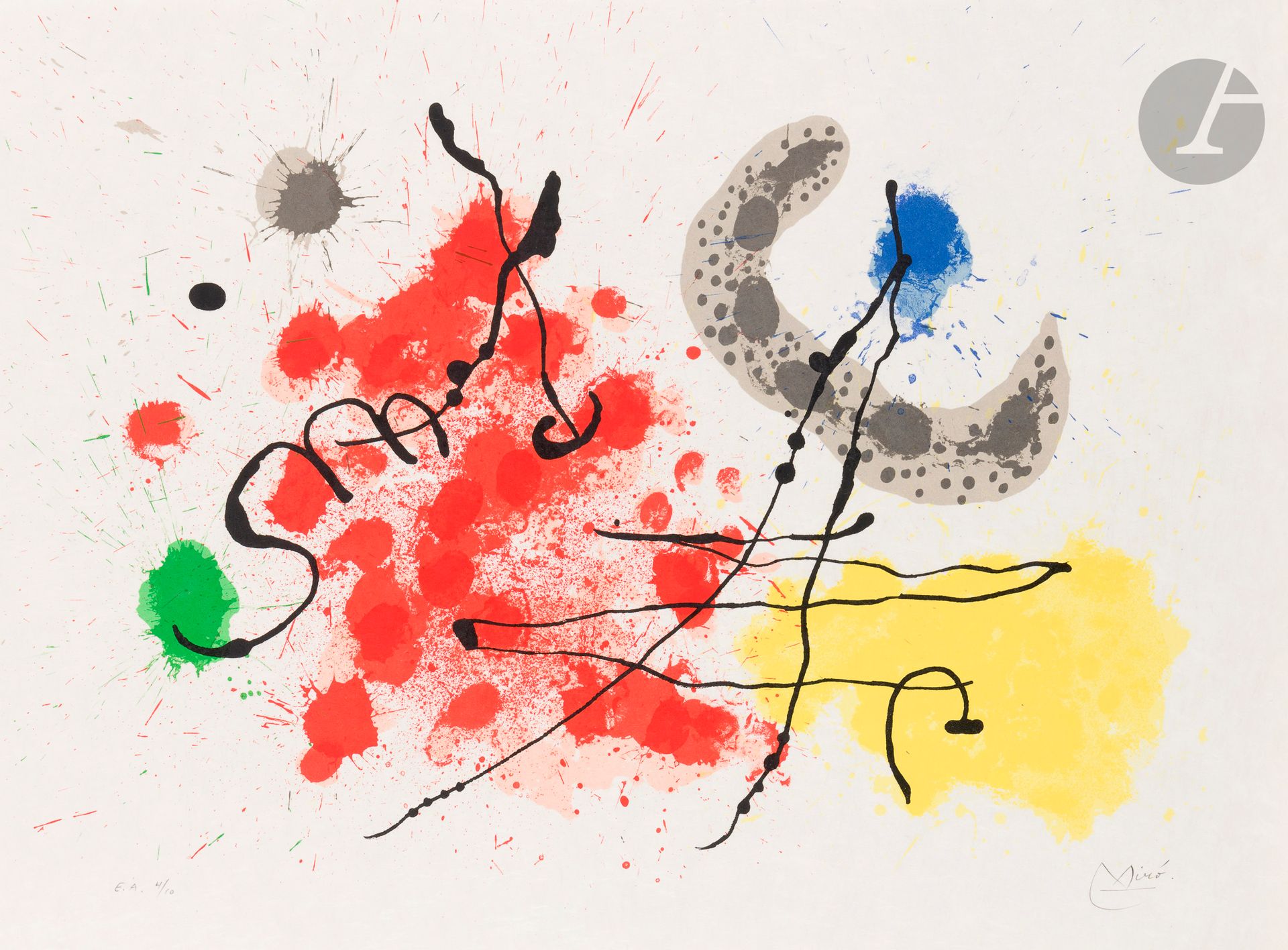 Joan Miró (1893-1983)
Pl. pour Le Lézard aux plumes d’or. (1re série). 1967. Lithographie. [560 x 410]. Maeght 455. Impression en couleurs. Très belle et fraîche épreuve sur japon nacré, l’une des 10 justifiées « E.A », numérotée et signée au crayon. Quelques infimes traces de plis aux bords du feuillet. Toutes marges.