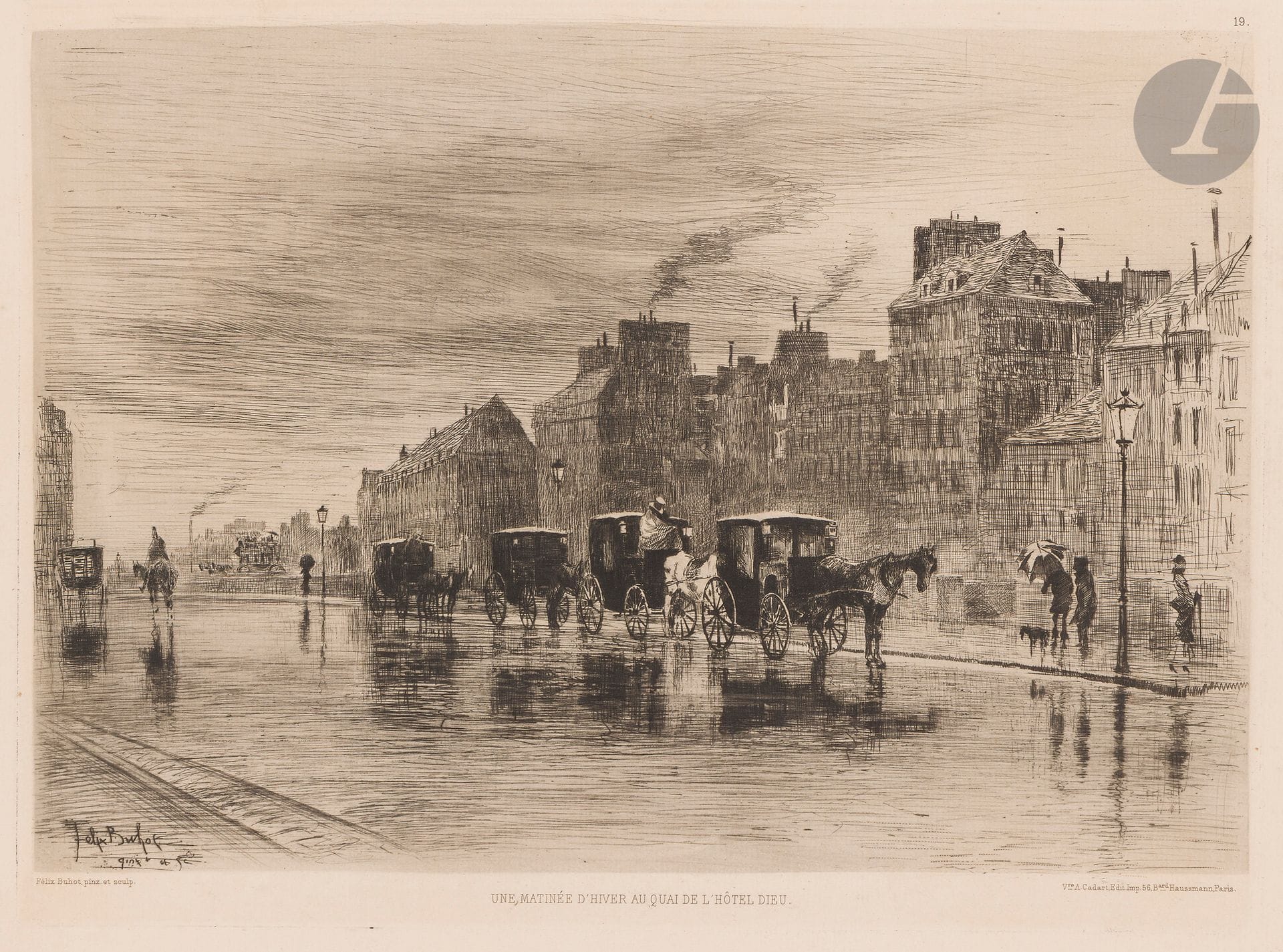 Félix Buhot (1847-1898)
Une matinée d’hiver, quai de l’Hôtel-Dieu, ou Les Fiacres. Eau-forte et pointe sèche. 320 x 239. Bourcard-Goodfriend 123. Très belle épreuve sur vergé ivoire, du tirage effectué pour la veuve Cadart. Menues salissures marginales. Quelques petites déchirures aux bords du feuillet. Toutes marges.