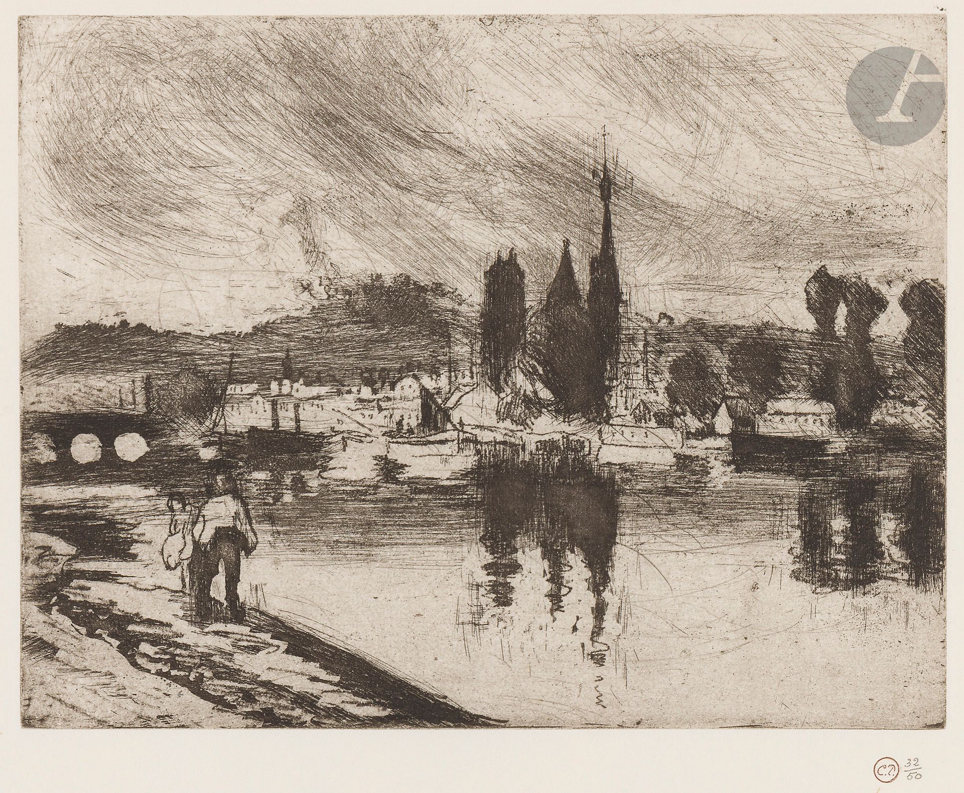 Camille Pissarro (1830-1903)
Vue de Rouen (Cours-la-Reine). 1884. Eau-forte, aquatinte et pointe sèche. 195 x 148. Delteil 50. Parfaite épreuve sur vergé blanc mince filigrané « J Whatman », l’une des 50 du tirage de 1920, timbrée (Lugt 613f) et numérotée au crayon (outre le tirage à une quinzaine d’épreuves du vivant de l’artiste). Toutes marges.