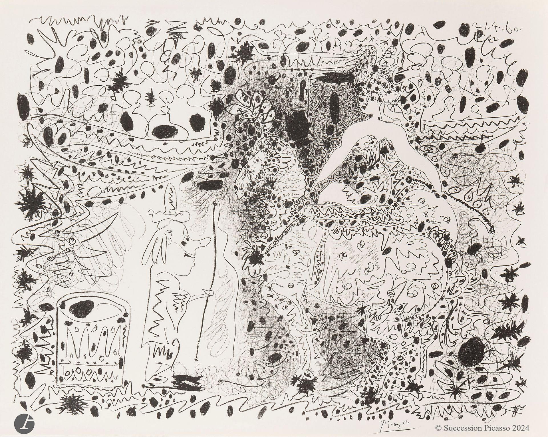 Pablo Picasso (1881-1973)
The Squire. 1960. Autograph. 640 x 500. Mourlot 333; Bloch 999; Güse-Rau 699. Perfect proof on white vellum, from the numbered edition for the newspaper Le Patriote (Nice). Full margins.