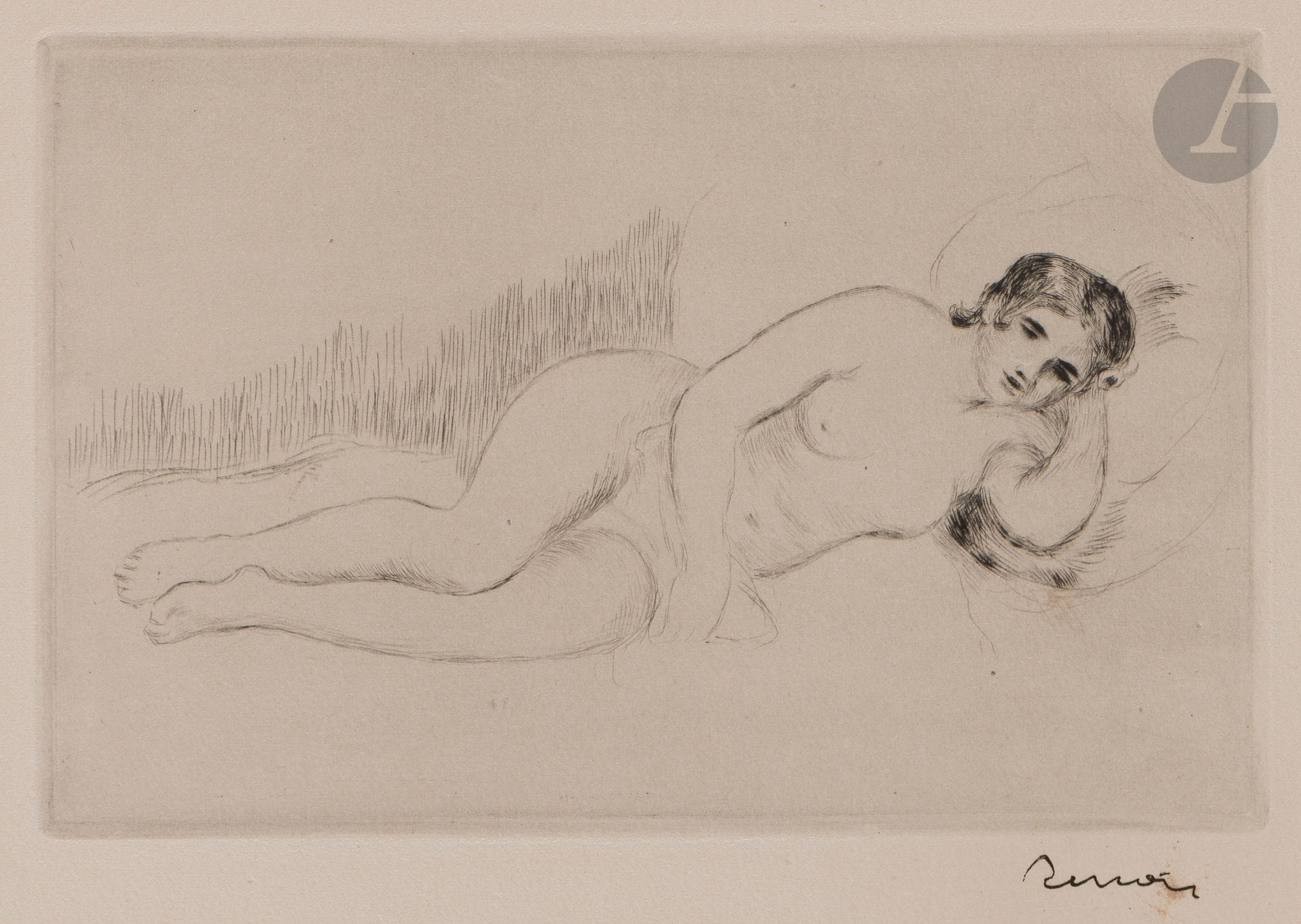 Pierre-Auguste Renoir (1841-1919)
Nude woman reclining facing right (1st pl.). Circa 1906. Etching and drypoint. 195 x 127. Delteil, Stella 13. Very fine proof on ivory vellum, stamped (Lugt 2137a). Some scattered light foxing, mainly at the edges of the folio, notably on the signature stamp. Full margins.