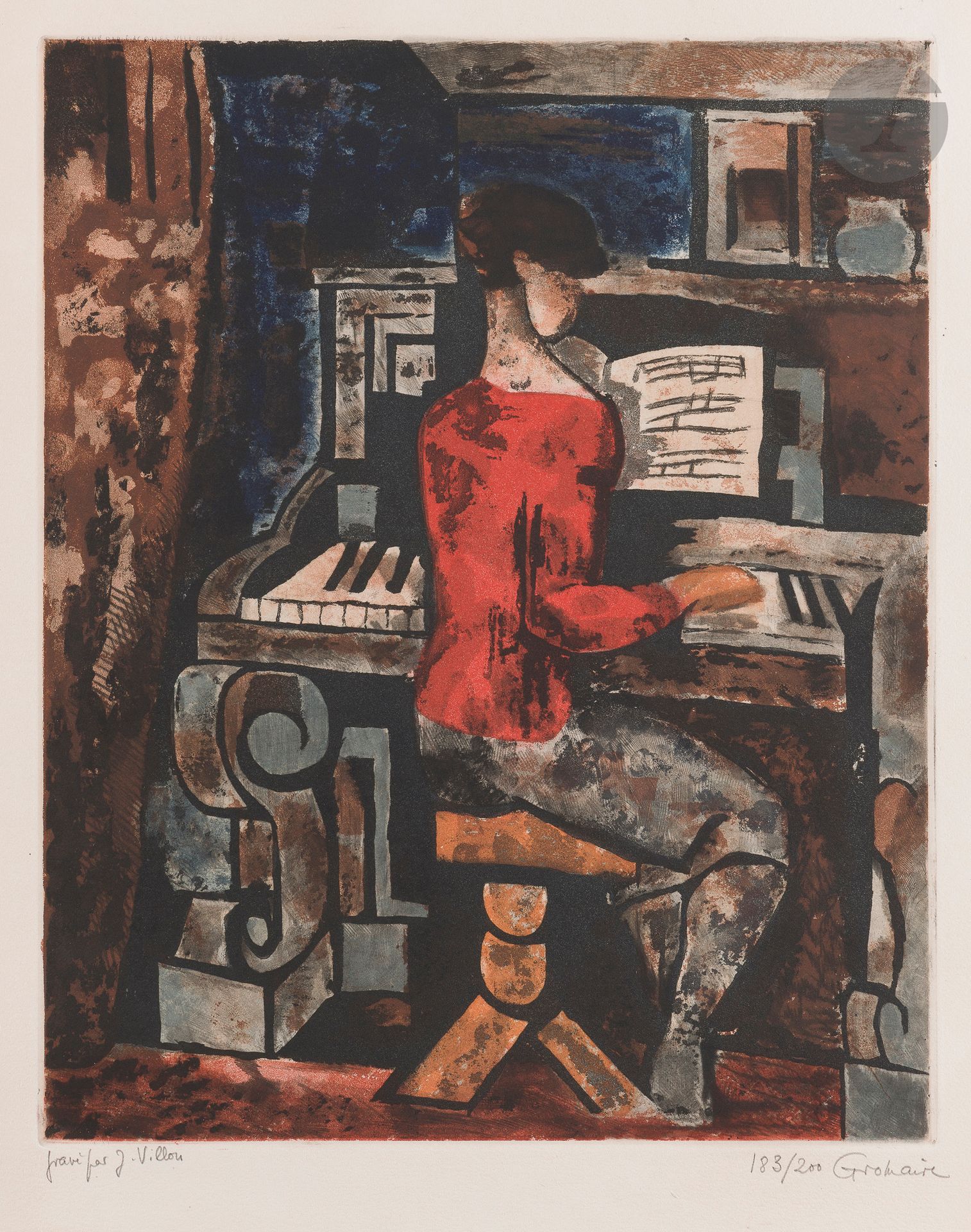 Marcel Gromaire (1892-1971) (d’après)
La Femme au piano. 1929. Gravé par Jacques Villon. 385 x 470. Ginestet et Pouillon 664. Impression en couleurs. Belle épreuve sur vélin ivoire, annotée « gravé par J. Villon », numérotée et signée au crayon par Gromaire. Petites rousseurs en marge inférieure. Toutes marges. Tirage à 200 épreuves. Bernheim-Jeune éd.