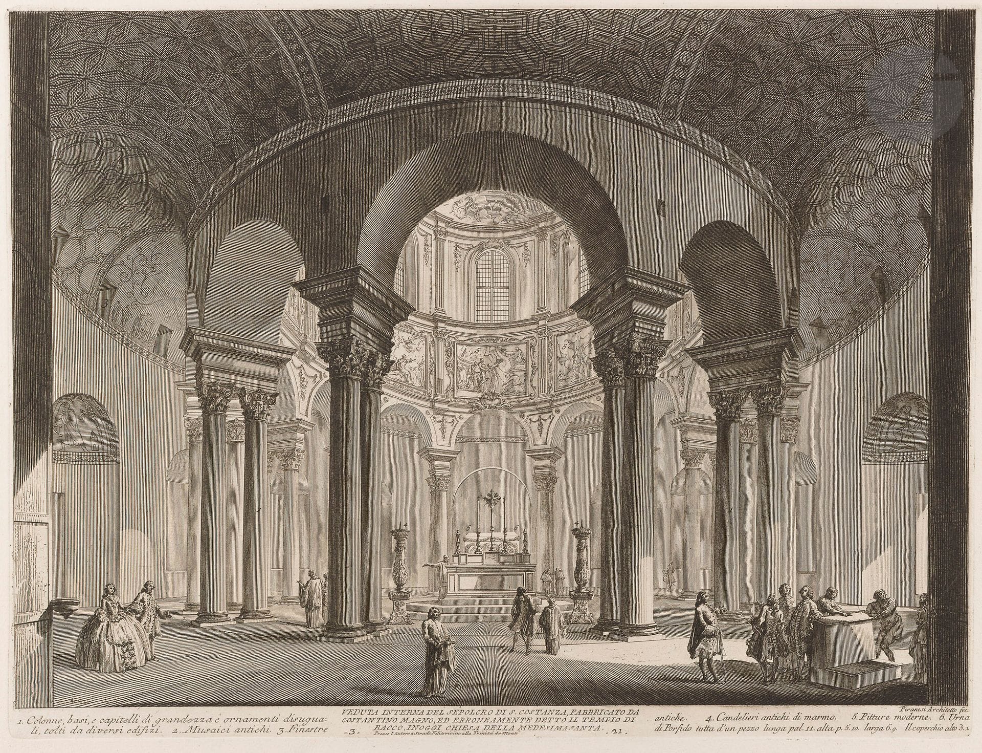 Giambattista Piranesi (1720-1778)
Veduta interna del Sepolcro di San Costanza… (Vue intérieure du sépulcre de Sainte-Constance). 1756. Eau-forte et burin. 547 x 415 [762 x 540]. Hind 37 (iv/vi). Très belle épreuve sur vergé fort, le prix effacé, avant le numéro 21 en haut à droite. Numéro de folio 22 à la plume et à l’encre sépia dans l’angle supérieur droit. Pli vertical médian. Un point de rouille en marge gauche. Bord gauche irrégulier, déchiqueté, avec petits trous d’onglets de reliure et avec manques. Grandes marges. 1er tirage parisien.