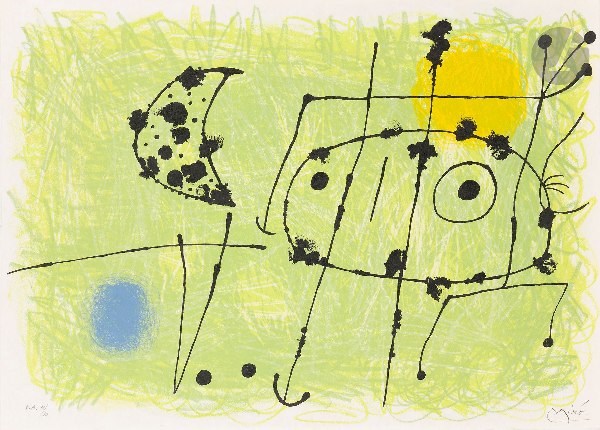 Joan Miró (1893-1983)
Pl. for Le Lézard aux plumes d'or (1st series). 1967. Lithograph. [500 x 365]. Maeght 450. color print. Very fine and fresh proof on japon nacré, one of 10 justified "E.A", numbered and signed in pencil. Full margins.