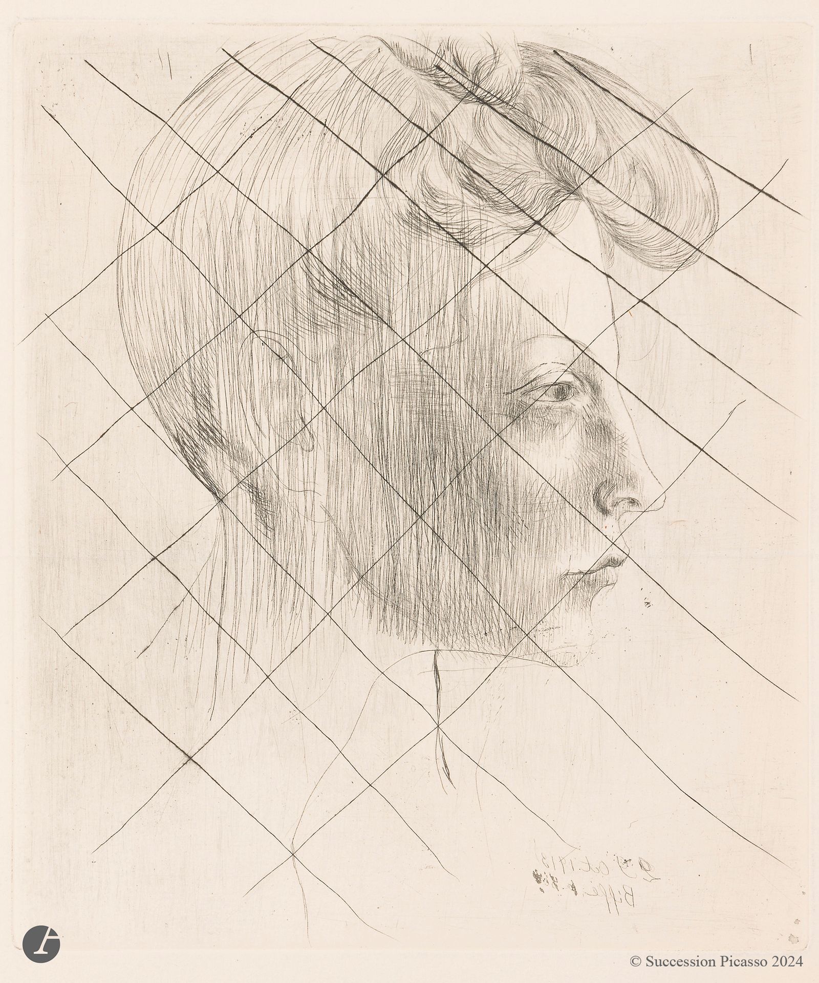 Pablo Picasso (1881-1973)
Tête de femme. (Pl. des Saltimbanques). 1905. Pointe sèche. 250 x 290. Bloch 6 ; Geiser-Baer 7 c. Belle épreuve sur vélin fort crème, tirée du cuivre biffé portant en pied à rebours la mention gravée : « 29 Oct 1913 / Biffé ». Pli horizontal médian (l’épreuve ayant servi de chemise). Plis souples marginaux et légère oxydation aux bords du feuillet. Inscription au crayon bleu au verso (« Rouault / signé et non signé »). Toutes marges.