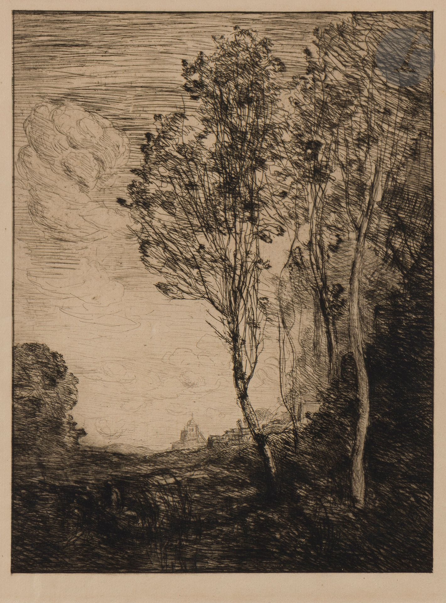 Jean-Baptiste Camille Corot (1796-1875)
Souvenir d’Italie. 1863 (et non 1866 comme annoncé par Delteil). Eau-forte. 238 x 321. Delteil 5. Très belle et brillante épreuve sur vergé fort ivoire filigrané « 1862 », du rare 1er état (sur 4), avant toute lettre et avant le numéro. Petit accroc au bord droit. Traces de colle dans les angles au verso. Belles marges [330 x 460]. 

« On peut considérer que pour Corot, il n’y eut qu’un seul état de cette planche mais elle subit de nombreuses altérations qui suscitèrent, après le tirage de la Société des Aquafortistes, des reprises qui ne sont pas à proprement parler des modifications volontaires du sujet. Rares épreuves avant la lettre, l’une d’elles annotée par Jules Michelin, qui aida sans doute Corot à mordre et faire les essais de cette planche, quoique Delteil attribue ce travail à Bracquemond, ce qui n’est pas exclusif. » (M. Melot, L’œuvre gravé de Boudin, Corot, Daubigny, Dupré, Jongkind, Millet, Théodore Rousseau, Paris, Arts et métiers graphiques, 1978, p. 258).