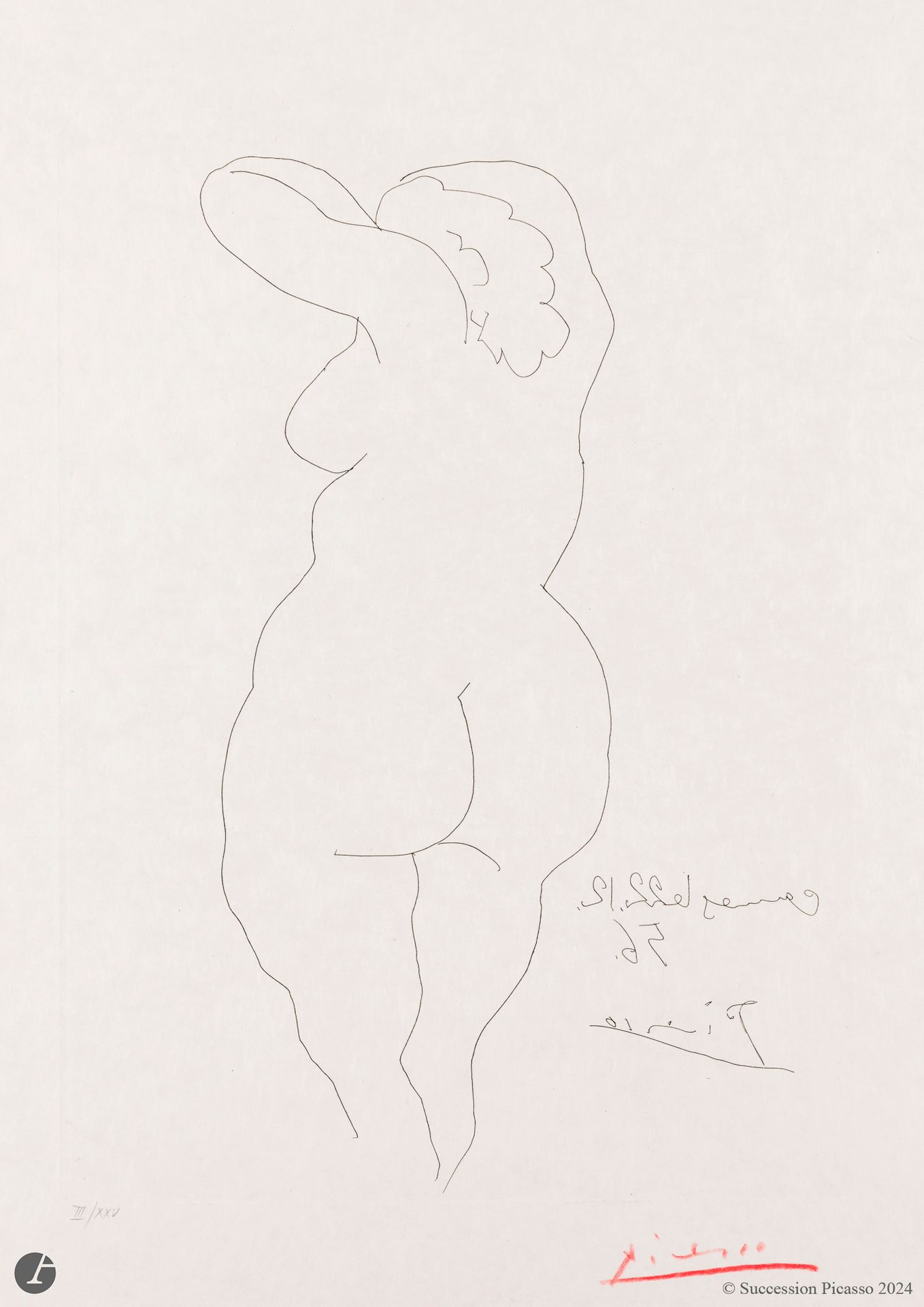 Pablo Picasso (1881-1973)
Femme nue de dos. 22 décembre 1956. (Frontispice pour J. Cocteau, Témoignage, Paris, P. Bertrand éd., 1955-1957). Eau-forte. 270 x 380. Bloch 822 ; Baer 962 C c ; Cramer 80. Très belle et fraîche épreuve de tirage à part sur japon nacré, numérotée au crayon en chiffres romains et signée au crayon rouge. Toutes marges. Tirage à environ 28 épreuves sur ce papier.