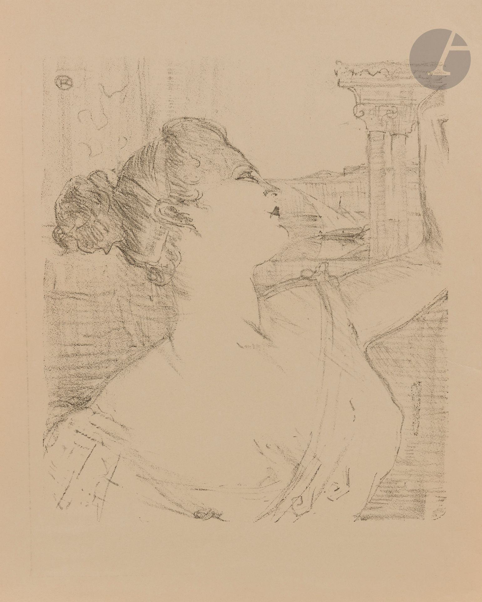 Henri de Toulouse-Lautrec (1864-1901)
Sibyl Sanderson. 1898. Lithographie. 244 x 278. Impression en noir bistré. Delteil 151 ; Wittrock 257. Très belle épreuve sur vélin mince glacé ivoire. Petit accroc au bord inférieur droit. Traces de colle dans les angles au verso. Toutes marges [315 x 392].
