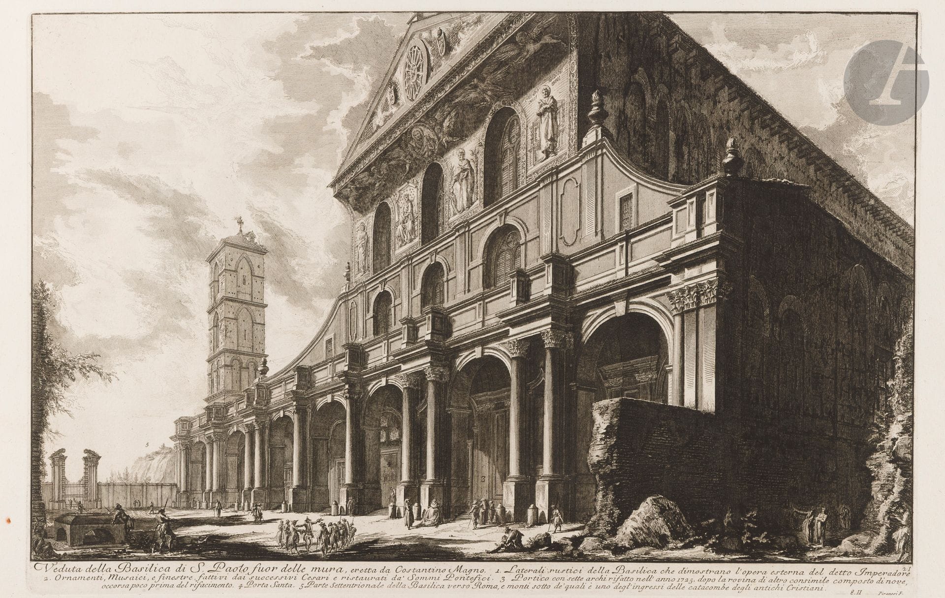 Giambattista Piranesi (1720-1778)
Veduta della Basilica di S. Paolo fuor delle mura… (La Basilique Saint-Paul hors les murs). 1748. Eau-forte et burin. 614 x 404 [765 x 540]. Hind 6 (v/vi). Très belle épreuve sur vergé fort, avant le numéro 8 rajouté en marge à droite. Numéro de folio 9 à la plume et à l’encre sépia dans l’angle supérieur droit. Pli vertical médian. Un fort point de rouille en marge gauche, une rousseur en marge droite. Bord gauche irrégulier, déchiqueté, avec petits trous d’onglets de reliure et avec manques. Grandes marges. 1er tirage parisien.