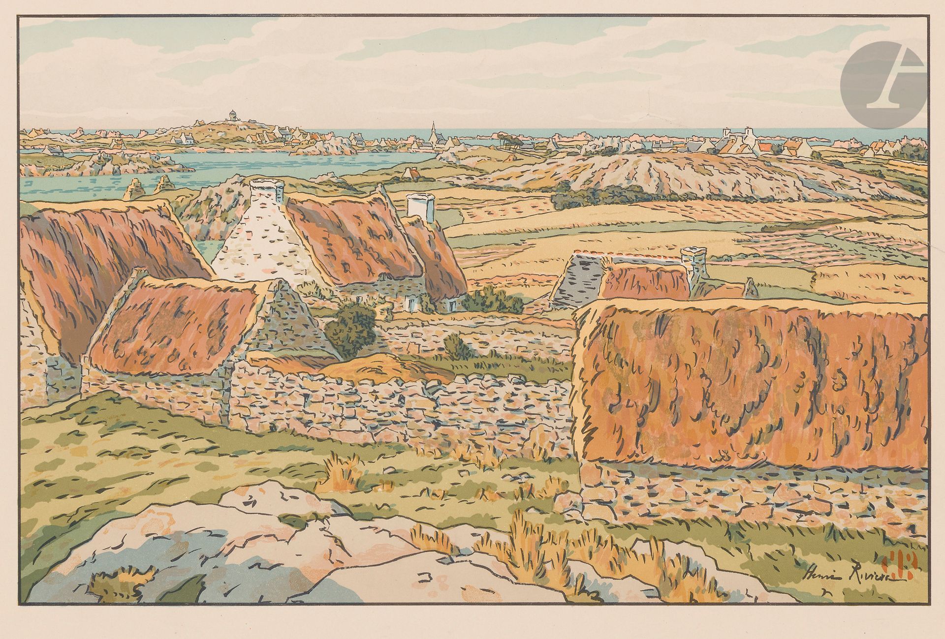 Henri Rivière (1864-1951)
Vieux moulin à Loguivy. (Pl. du Beau Pays de Bretagne). 1910. Lithographie. 358 x 230. Levasseur-Le Bohec 90. Impression en couleurs. Belle épreuve sur vélin glacé ivoire. Plusieurs longues déchirures habilement restaurées au verso, dont une de 245 mm verticale en tête pénétrant dans le sujet et une autre de 60 mm en pied. Toutes marges. Joint : L’Île Bréhat. (Pl. du Beau Pays de Bretagne). 1913. Lithographie. 353 x 227. Levasseur-Le Bohec 93. Impression en couleurs. Belle épreuve sur vélin glacé ivoire. Longue déchirure médiane habilement restaurée au verso et quelques autres courtes déchirures aux bords du feuillet. Toutes marges. Ens. 2 p.