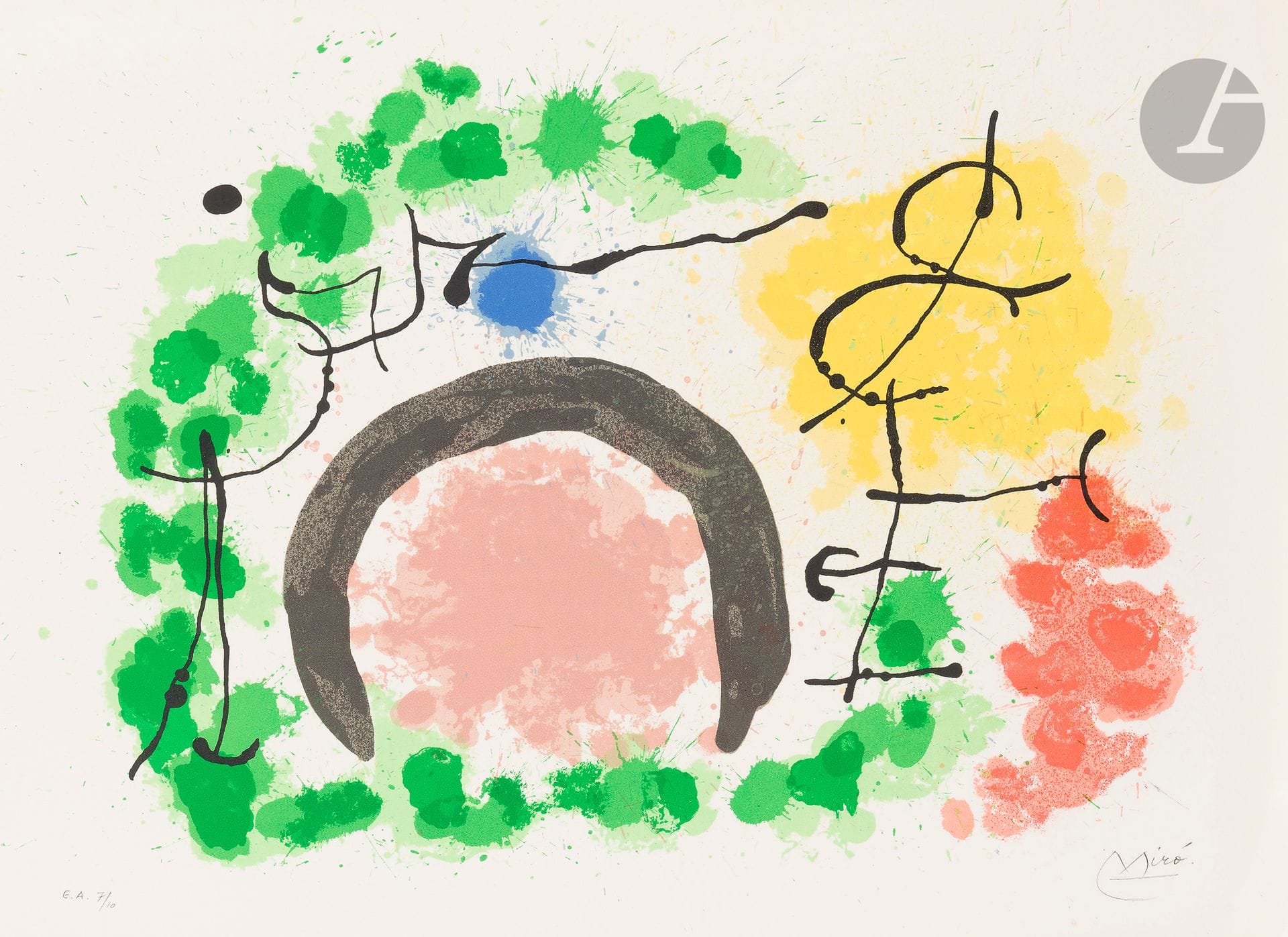 Joan Miró (1893-1983)
Pl. pour Le Lézard aux plumes d’or. (1re série). 1967. Lithographie. [560 x 410]. Maeght 456. Impression en couleurs. Très belle et fraîche épreuve sur vélin blanc filigrané « Miró », l’une des 10 justifiées « E.A », numérotée et signée au crayon. Courts plis cassés dans les angles supérieur droit et inférieur gauche du feuillet. Autres plis et ancienne trace de trombone au bord inférieur droit. Toutes marges.
