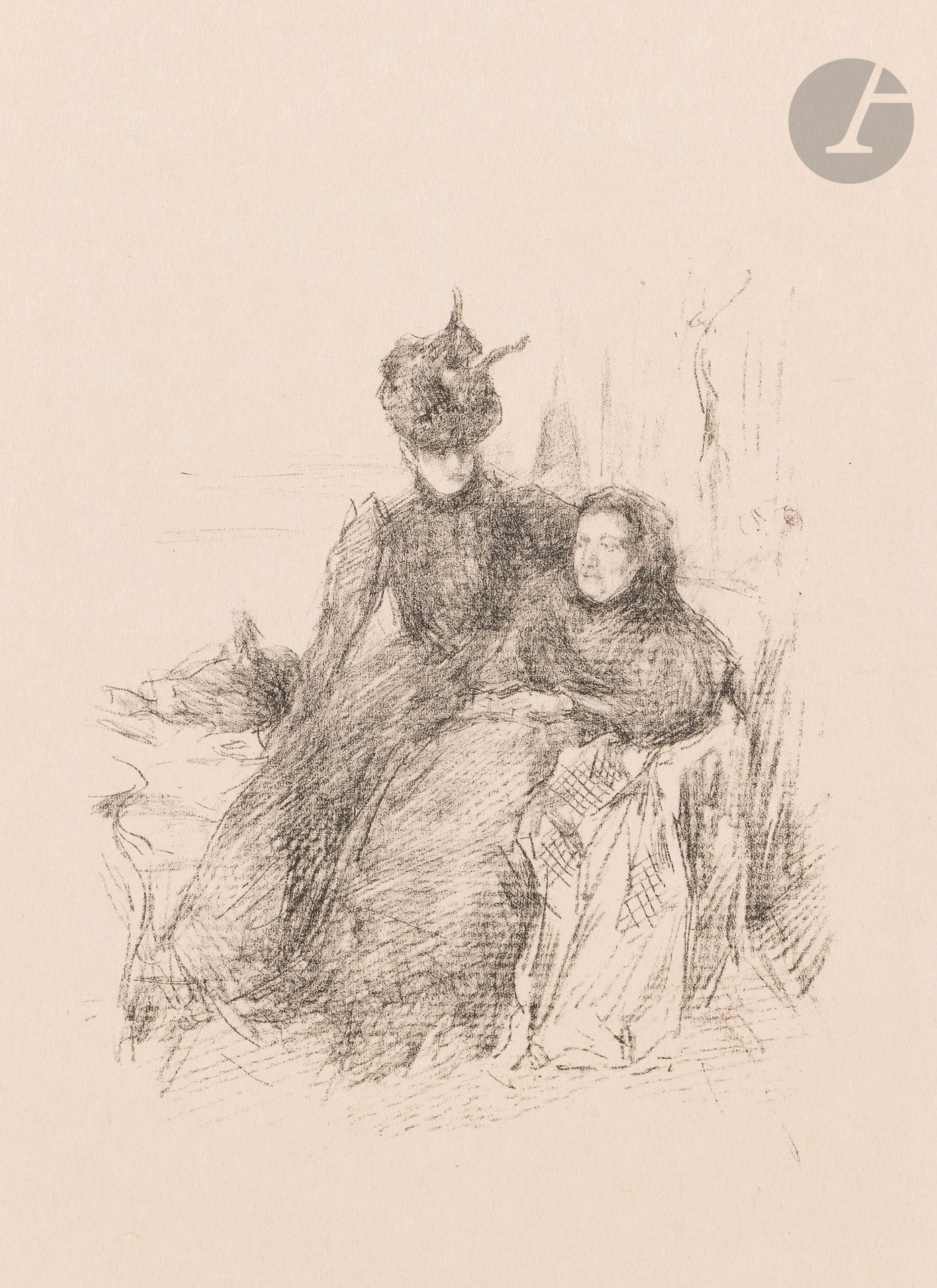 James Abbott Mc Neill Whistler (1834-1903) 
Mother and Daughter (la mère malade). 1897. Autographie. 160 x 185. Levy 77 ; Tedeschi-Stratis 174. Très belle et fraîche épreuve sur japon. Petit corps étranger brun au bord inférieur du feuillet. Toutes marges non ébarbées. Tirage à environ 200 épreuves.