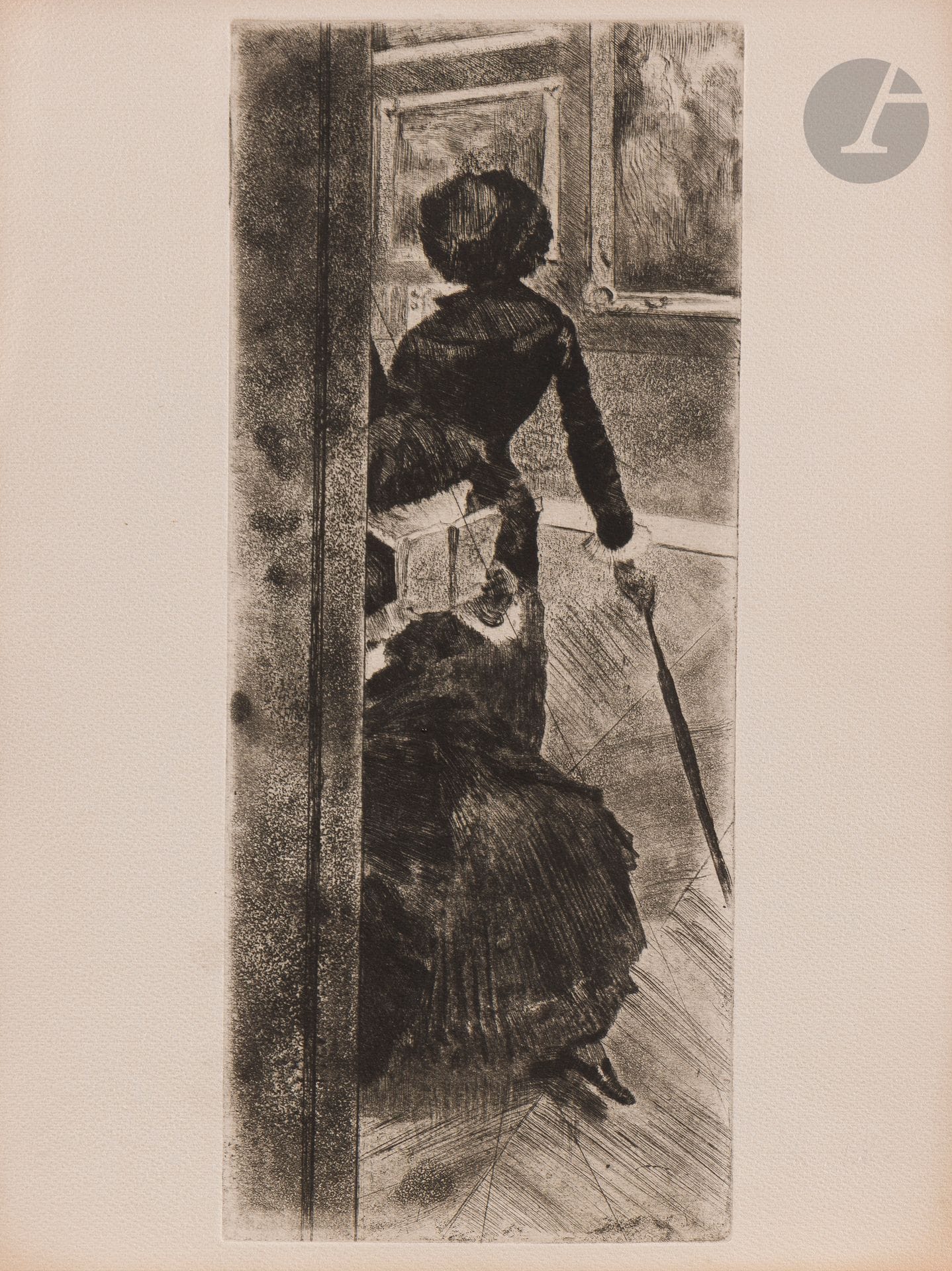 Edgar Degas (1834-1917)Au Louvre : la peinture (Mary Cassatt). Vers 1876. Eau-forte, pointe sèche et aquatinte. 125 x 303. Delteil 29 ; Reed-Shapiro 52. Très belle épreuve sur vélin blanc fort, du tirage effectué du cuivre biffé pour Ambroise Vollard (1918). Bande d’oxydation aux bords du feuillet. Toutes marges.