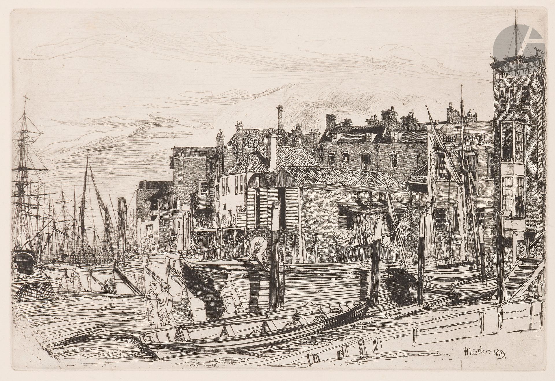 James Abbott Mc Neill Whistler (1834-1903) 
Thames Police. 1859. Eau-forte. 221 x 150. Kennedy 44. Très belle épreuve sur vergé mince, du 2e état (sur 3), avant les travaux dans le ciel à la pointe sèche. Trace claire d’oxydation autour du sujet, provenant d’un ancien montage. Infime tache rousse au bord gauche. Petites marges normales.