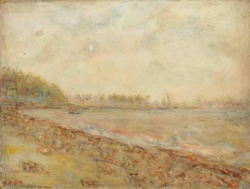 Paul KRON (1869-1936)
La plage.Huile sur toile.Signée en bas à gauche.(Accident).46 x 61 cm. Né le 18 mars 1869 à Besançon, dans le Doubs, de père alsacien et de mère champenoise, le douzième de treize enfants, il avait sept à huit ans quand sa famille vint habiter Lyon. Âgé de douze ans à la mort de son père, il quitta l?école pour aller travailler dans les campagnes où il vendait de la toile. Á treize ans il se fractura la jambe en sautant dans un train en marche. Il mit à profit une longue période de convalescence pour reprendre ses études et sortit diplômé de l?école de La Martinière. Mais surtout, la souffrance physique et l?impossibilité de se mêler aux jeux de son âge exercèrent sur lui, même après sa guérison, une profonde influence. Très vite le goût du dessin lui était venu et on ne devait plus jamais le voir sans un petit bout de crayon dont il se servait sans relâche. Il avait seize ans quand sa mère quitta Lyon pour Marseille avec ses enfants vers 1885. Vendeur dans un magasin de confection pour hommes où il faisait des dessins pour décorer les étiquettes, il fut remarqué par Monticelli. C?est de lui qu?il reçut le conseil de n?avoir pour maître que la nature et de beaucoup travailler, un conseil qu?il suivit scrupuleusement. Il rêvait d?aller à Paris et d?être peintre, mais sa mère le retenait. C?est seulement après être resté cinq ou six années à Marseille qu?en 1890 il décida sa famille à se rendre avec lui dans la capitale. Ayant débuté dans l?industrie, il consacrait tous ses instants de liberté à la peinture et à sa famille. Il ne fréquentait pas les peintres et jamais il n?appartint à un quelconque groupe. Sans avoir aucunement le goût de la solitude, il se sentait porté à travailler en isolé. À 32 ans, il épousa une jeune fille de Reims. L?art prit progressivement une place prépondérante dans sa vie avant de prendre sa vie tout entière. Il se mit à collectionner les faïences, où son goût très sûr en fit bientôt l?un des connaisseurs incontestés de Paris et lui permit