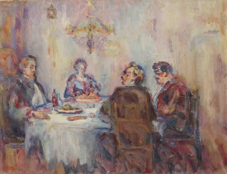 Paul KRON (1869-1936)
Le dîner de famille.Huile sur toile.Signée en bas à gauche.46 x 61 cm