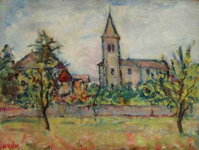 Paul KRON (1869-1936)
L?église du village.Huile sur toile.Signée en bas à gauche.(Accidents).46 x 61 cm