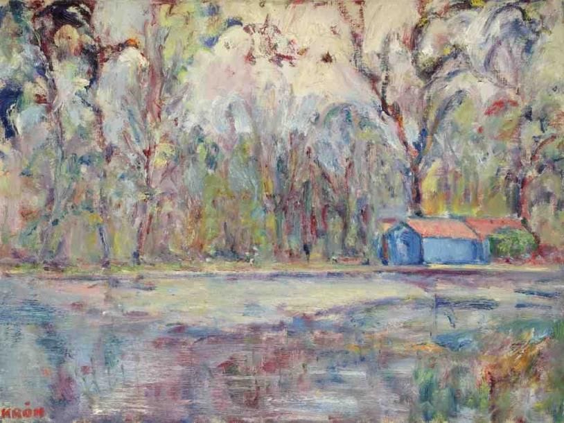 Paul KRON (1869-1936)
La cabane bleue.Huile sur toile.Signée en bas à gauche.54 x 73 cm