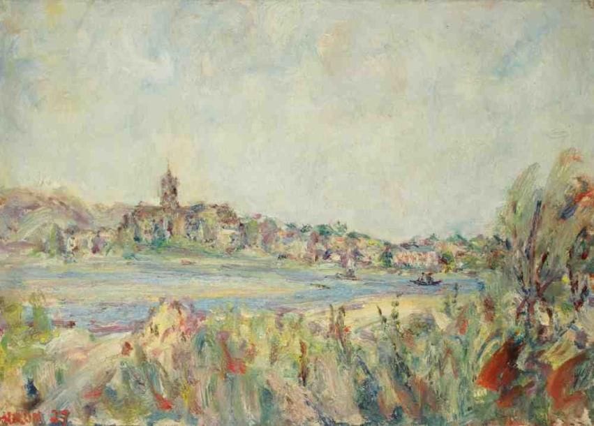 Paul KRON (1869-1936)
Village en bord de rivière, 1927.Huile sur toile.Signée et datée en bas à gauche.65 x 92 cm