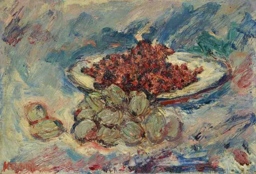 Paul KRON (1869-1936)
Nature morte aux fruits et fleurs.Huile sur toile.Signée en bas à gauche.30 x 44 cm