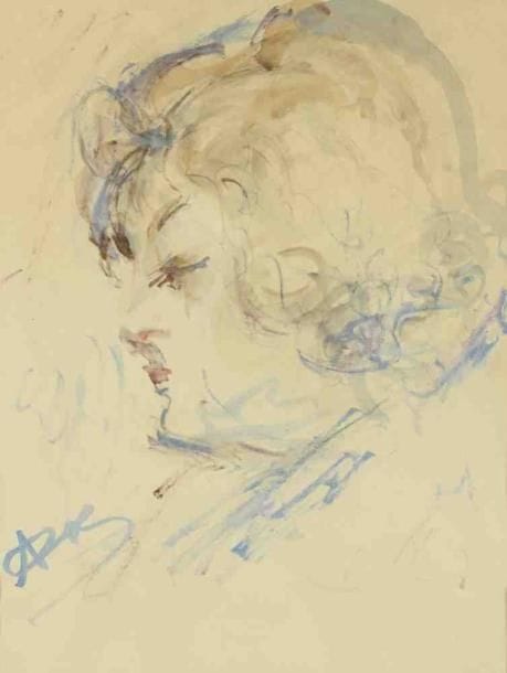 Paul KRON (1869-1936)
Profil de femme.Aquarelle.Monogrammée en bas à gauche.41 x 31 cm