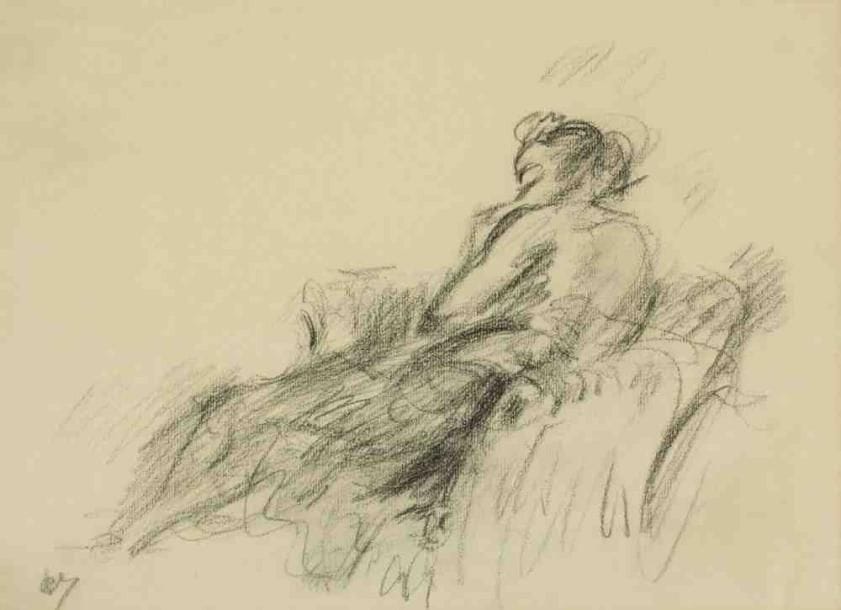 Paul KRON (1869-1936)
Femme allongée.Fusain.Monogrammé en bas à gauche.26 x 34 cm