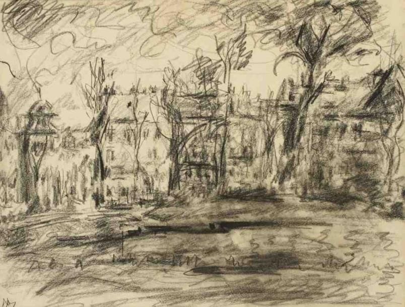 Paul KRON (1869-1936)
Parc dans la ville.Fusain.Monogrammé en bas à gauche.31 x 41 cm