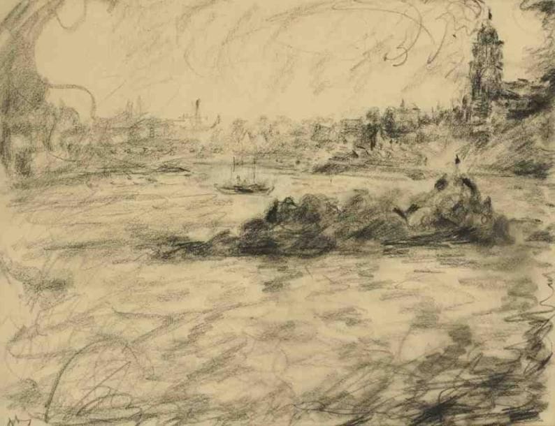 Paul KRON (1869-1936)
L?entrée du port.Fusain.Monogrammé en bas à gauche.31 x 41 cm