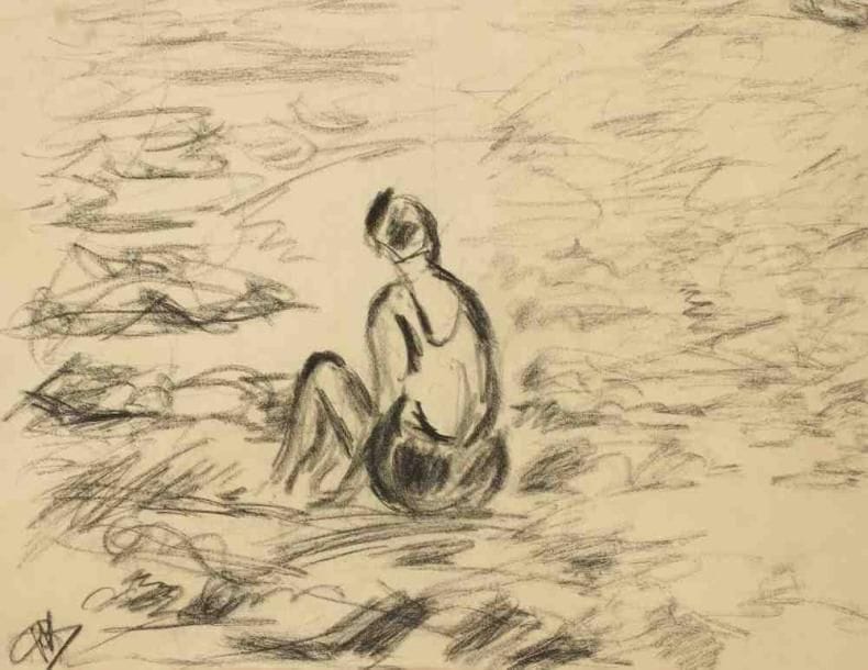 Paul KRON (1869-1936)
Femme au bord de l?eau.Fusain.Monogrammé en bas à gauche.30 x 40 cm