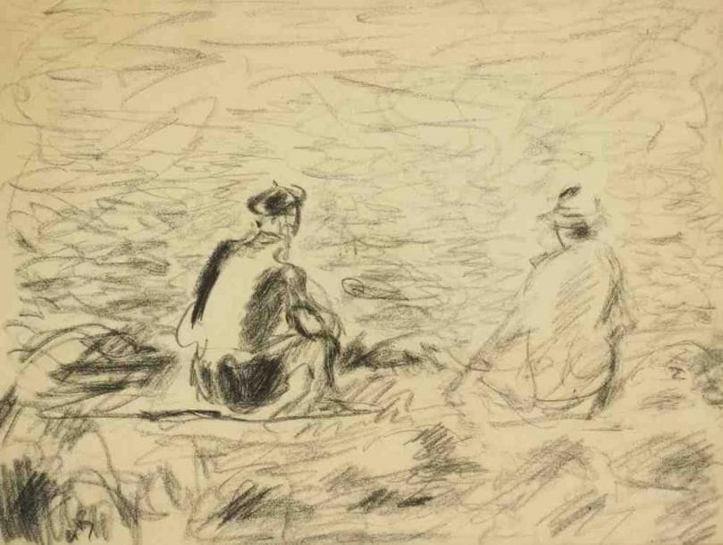 Paul KRON (1869-1936)
Couple au bord de l?eau.Fusain.Monogrammé en bas à gauche.30 x 40 cm