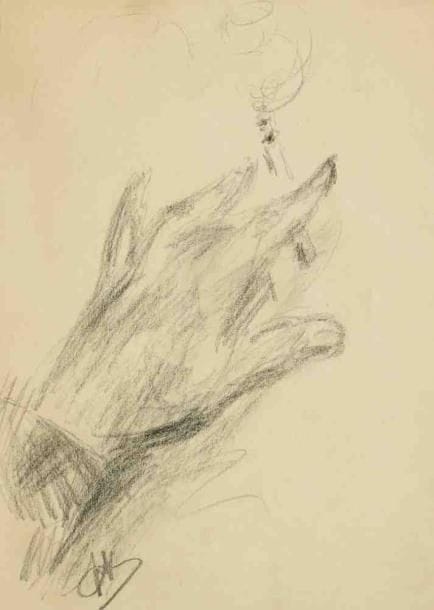 Paul KRON (1869-1936)
La main du peintre à la cigarette.Fusain.Monogrammé en bas à gauche.36 x 26 cm