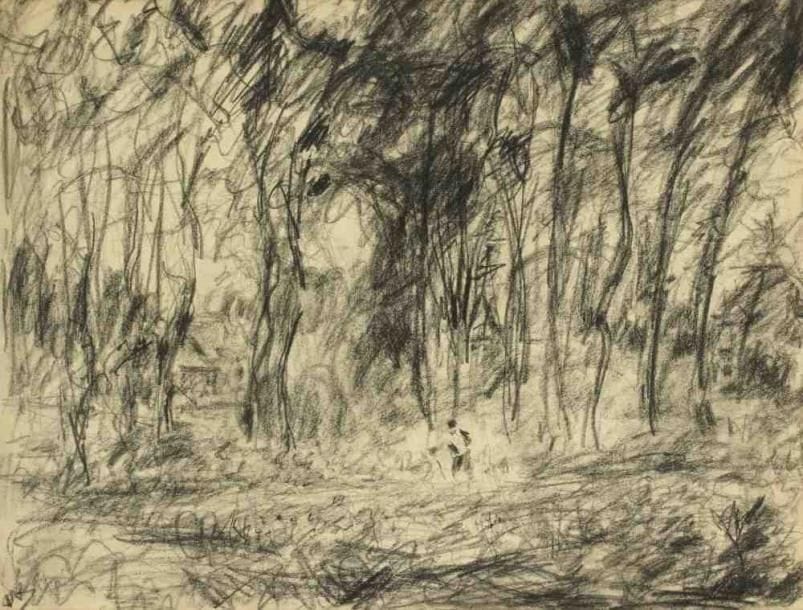 Paul KRON (1869-1936)
Homme dans les bois.Fusain.Monogrammé en bas à gauche.30 x 40 cm